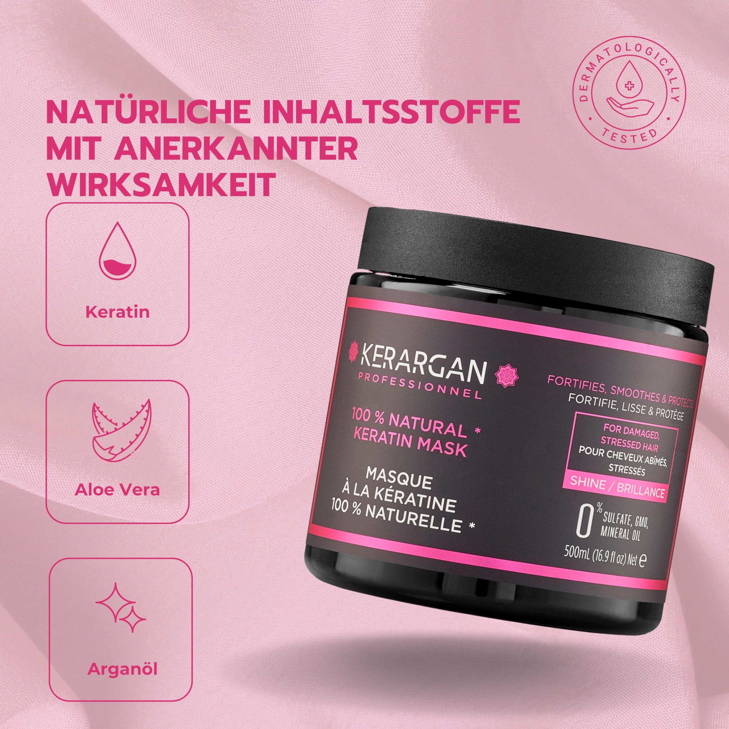 Kerargan - Ultra reparierende Keratin-Haarmaske für strapazierte und gestresste Haare - Stärkt, Glättet und Schützt - Ohne Sulfate, GVO, Mineralöl - 500ml