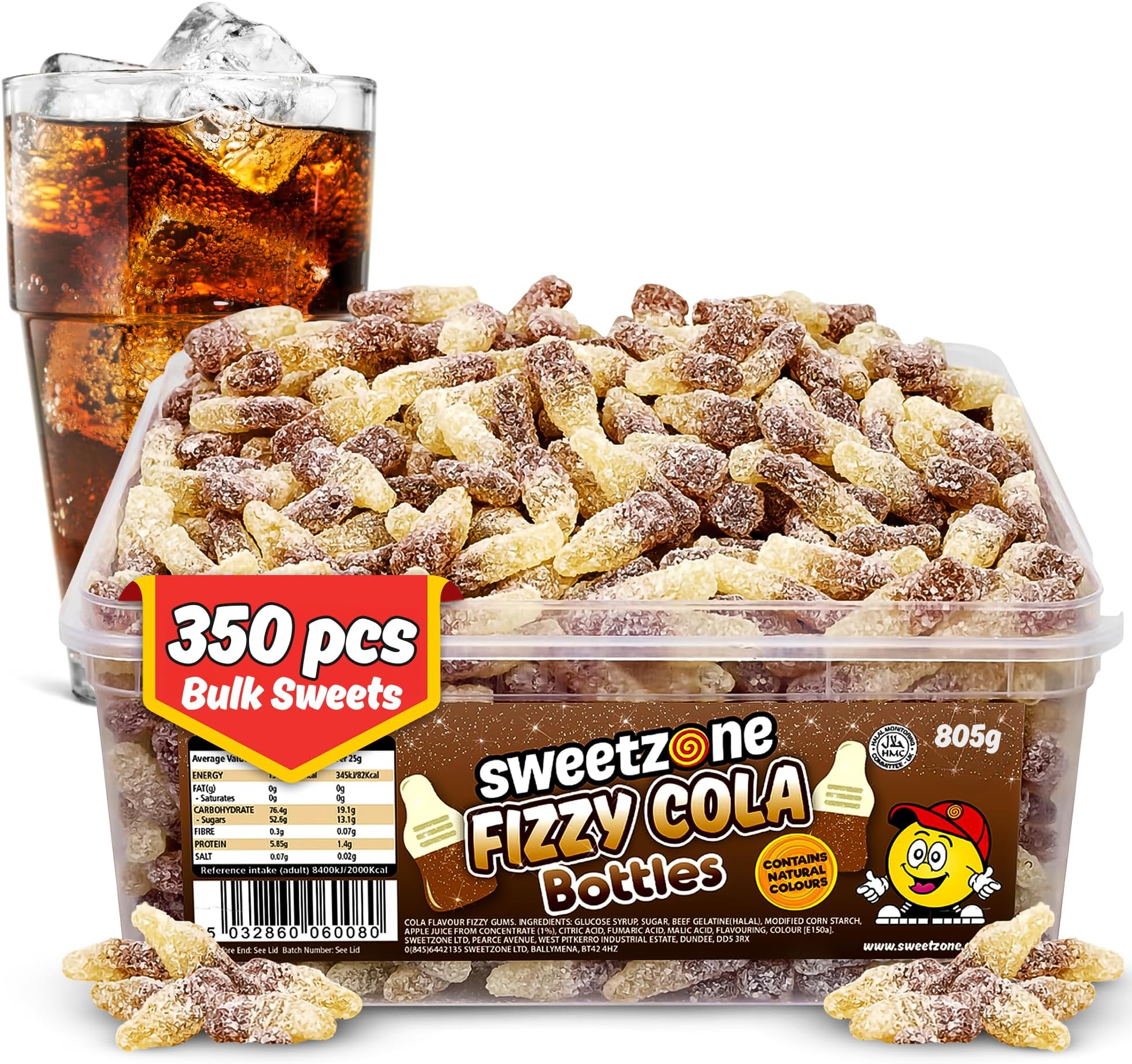 Sweetzone Small Fizzy Cola Bottles Halal Sweets Tub, 805g 350pcs, Retro Chewy Gummy Sweets, Bulk Candy Sweet Bags Sweet Box Treats, Cola Flavour Bottles Tub for Parties, Events and Celebrations