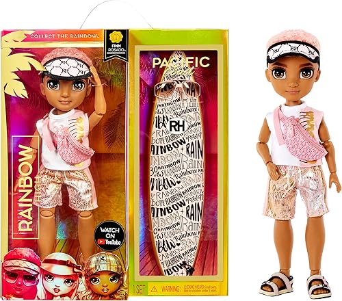 Rainbow High Pacific Coast Finn Rosado muñeca de moda para niño de oro rosa con accesorios de piscina y tabla de surf Gran regalo para niños de 6 a