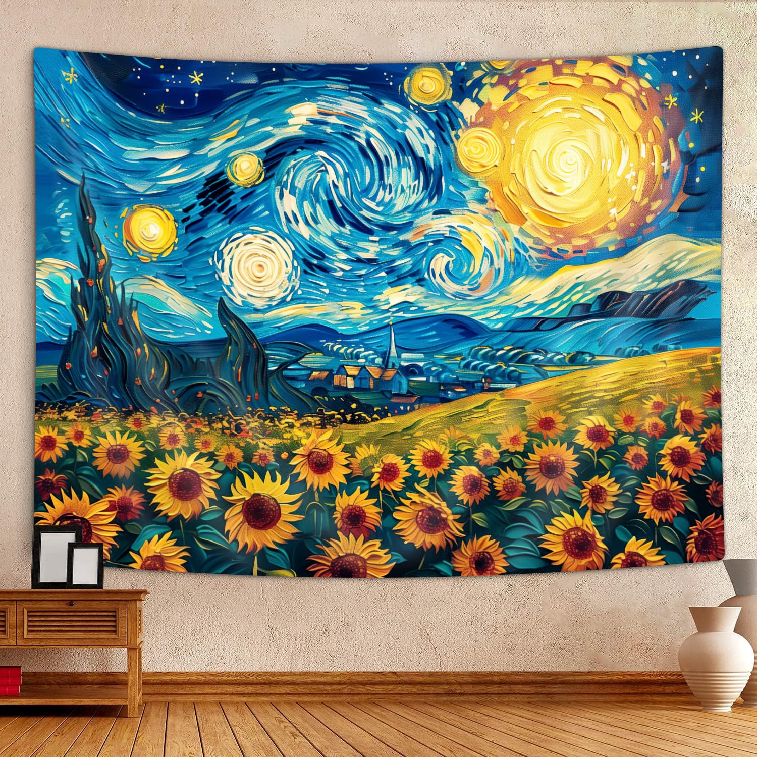MERCHR Sunflower Starry Night Art Tapestry Aesthetic, Vintage Fantasy Nature Oil Painting Tapestry Wall Hanging for Bedroom, Fall Flower Tapestries Poster Blanket College Dorm Home Decor 60X40 Inches