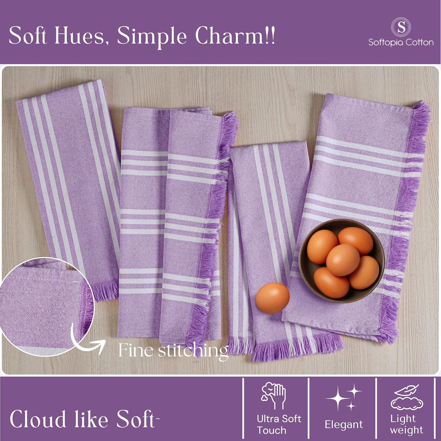 Striped Kitchen Towels 4 Pack, 16x26 Inches, 100% Cotton, Absorbent Dish Towels for Kitchen Drying, Reusable Dishcloths for Cleaning, Quick Dry Wash Rags for Everyday Use - Lavender