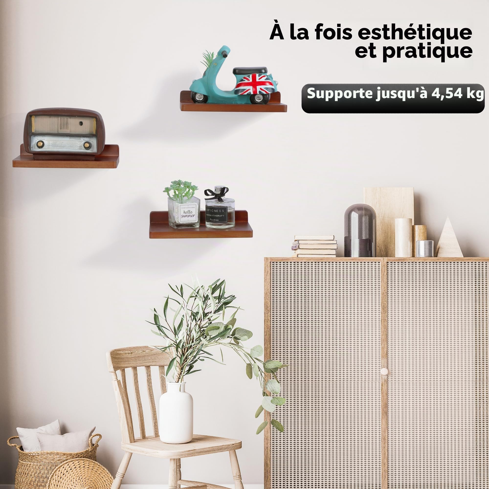 Petite étagère flottante, 12,7 x 21,6 cm, lot de 3 petites étagères murales pour chambre à coucher, salon, salle de bain, cuisine, bureau (noyer)