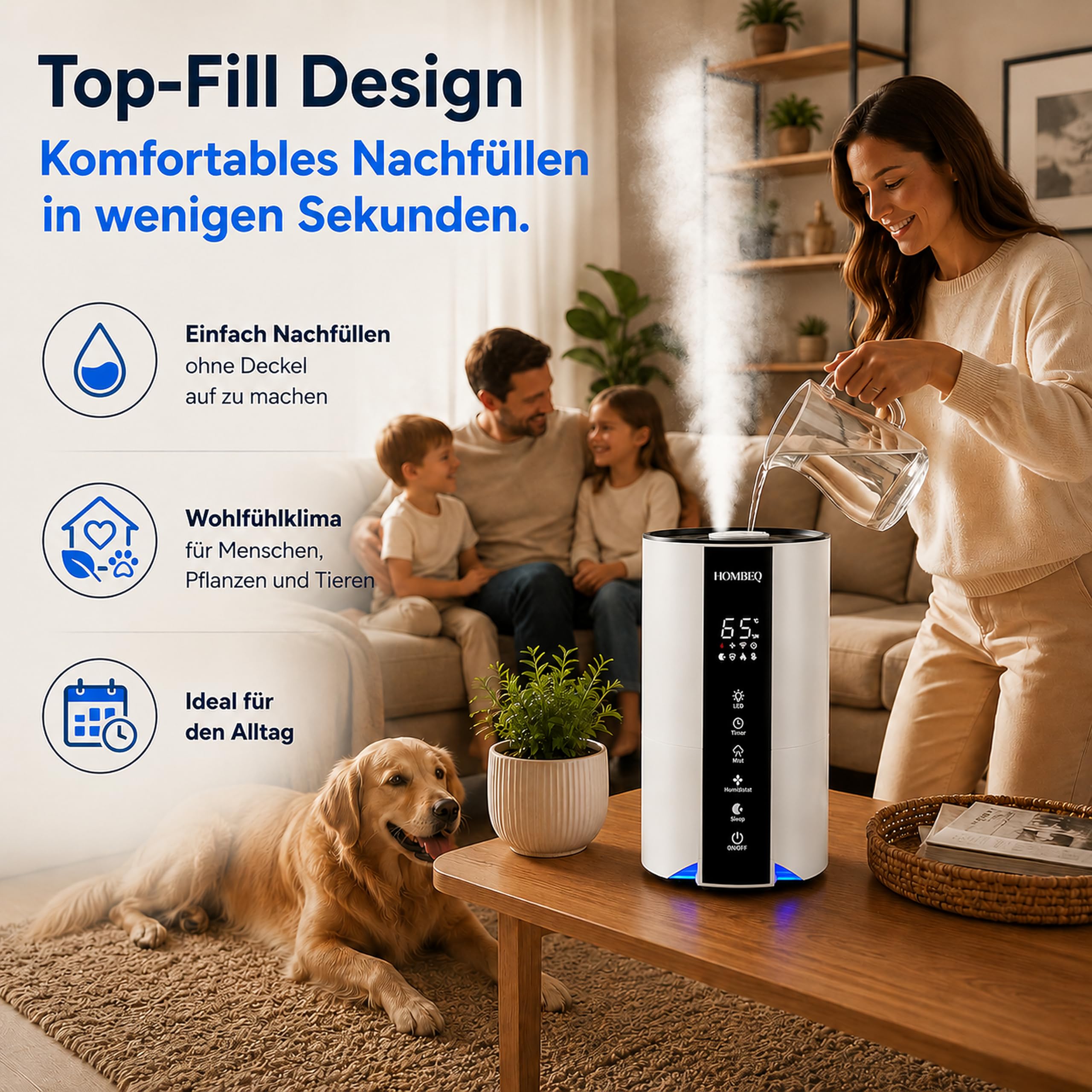 Luftbefeuchter Schlafzimmer 4,2L mit Feuchtigkeitssensor & Auto-Modus, Top-Fill Humidifier mit Aroma Diffuser, 360° Doppeldüse, Sleep-Modus & Timer, Raumbefeuchter für Wohnzimmer & Pflanzen