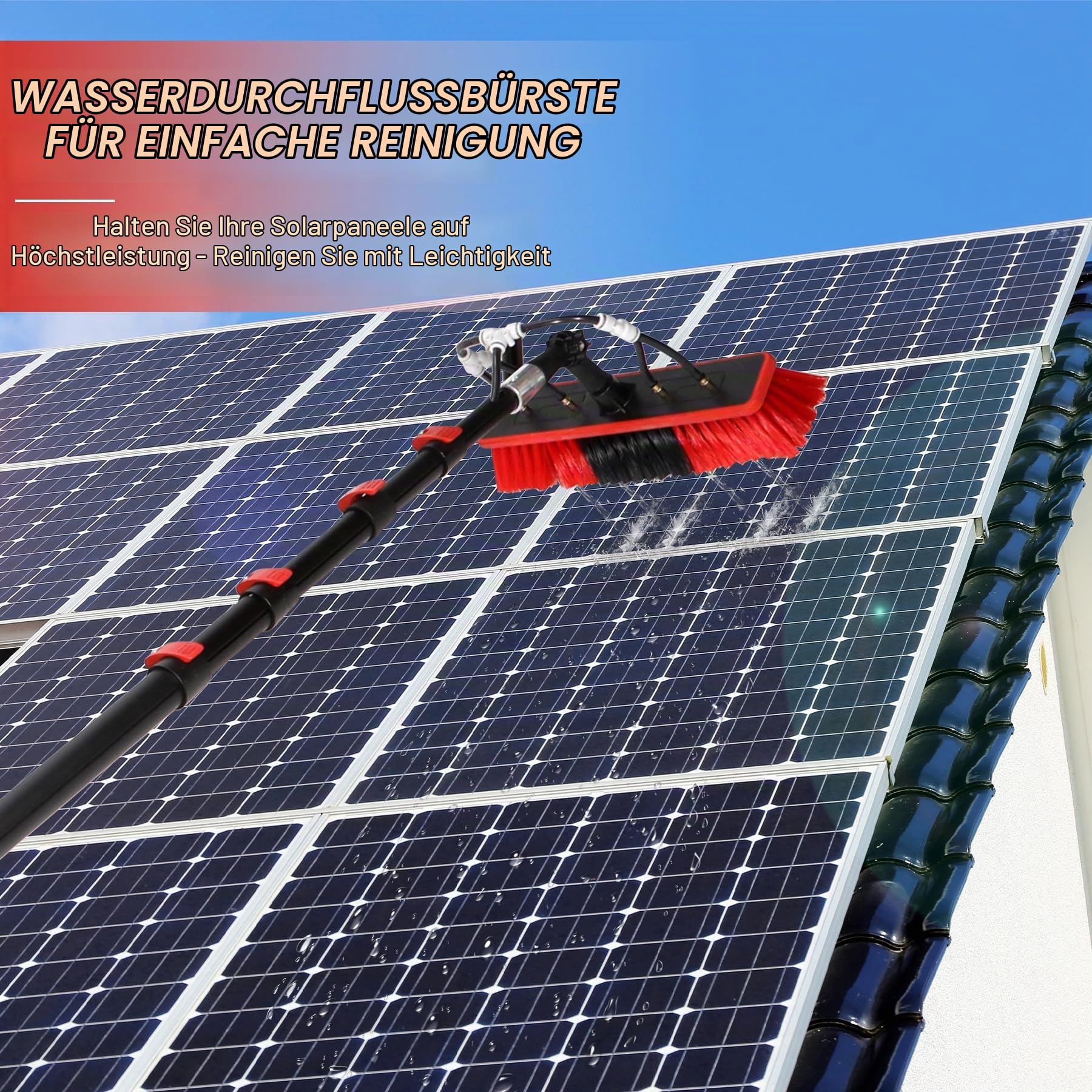 7,2 m Teleskop Waschbürste, Einstellbarer Winkel, Seifenspender | Reinigungsbürste, Wasseranschluss, schonend, PV-Reiniger, langlebig, robust, wetterfest, für Solaranlagen Autos Haus Fenster