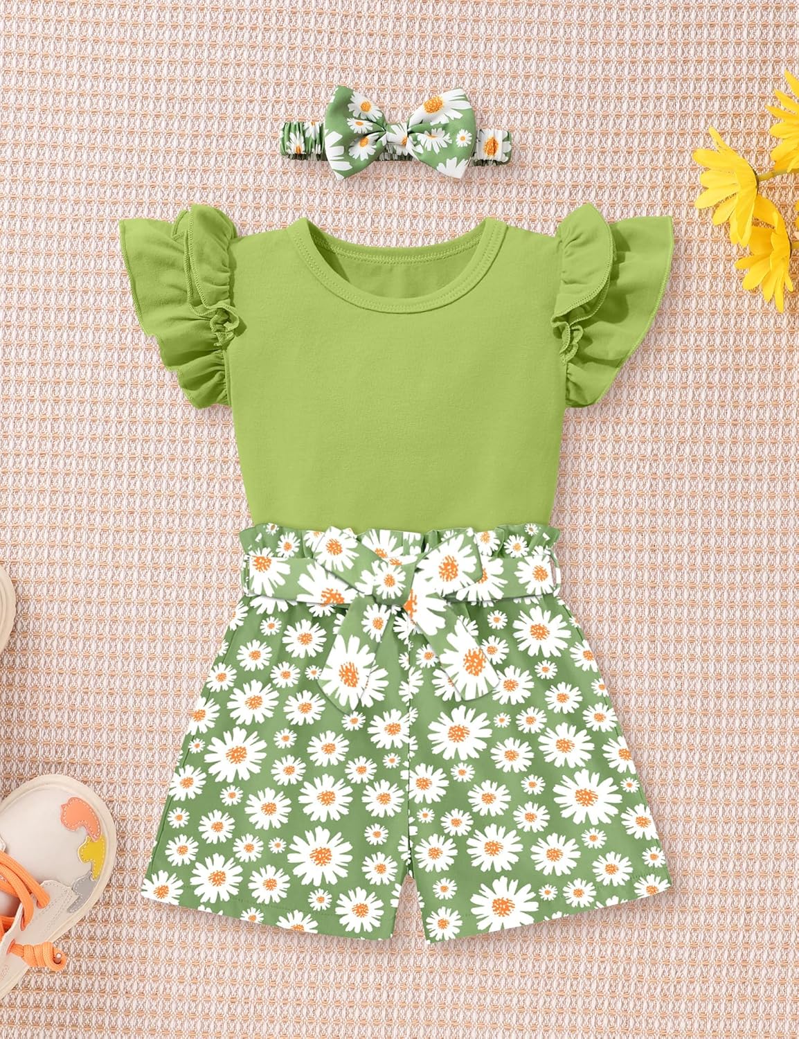 oklady Toddler Girl Clothes Ruffle Floral Embroidery Shirt and Shorts Set - Image 2