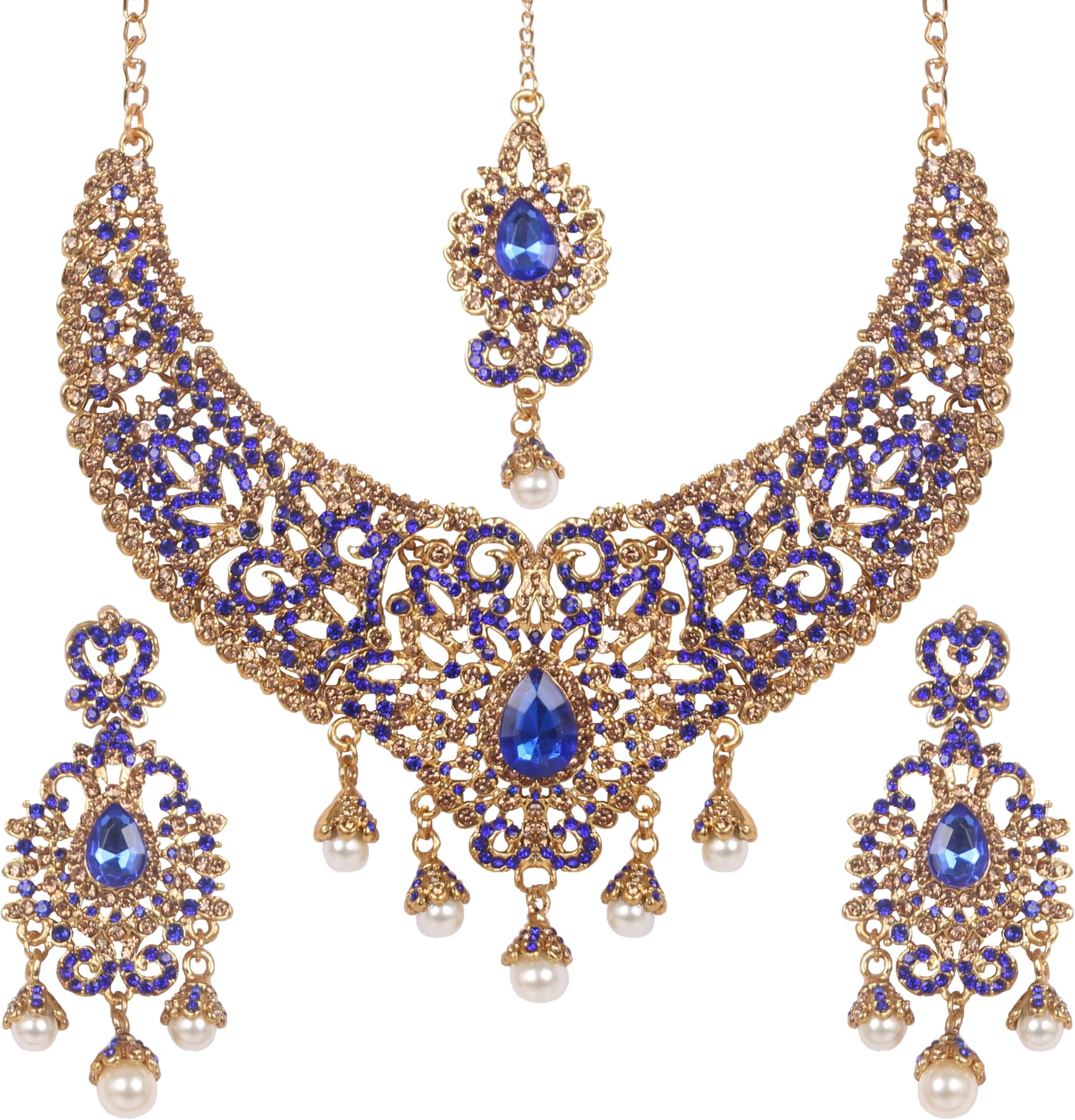 Touchstone Indian jewelry sets for women tikka wedding necklace costume guest statement bollywood rhinestones crystal faux pearls gold big royal neck piece set bridal fashion accessories