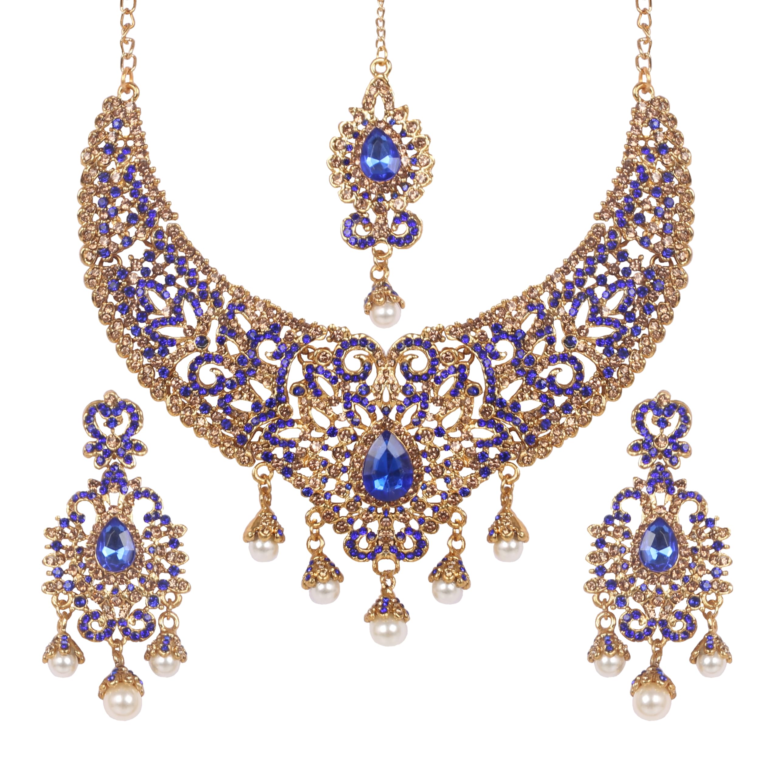 TouchstoneIndian jewelry bollywood for women statement necklace sets wedding royal bridal ornaments big large matha tikka statement rajasthani mangtika traditional in antique gold or white tone