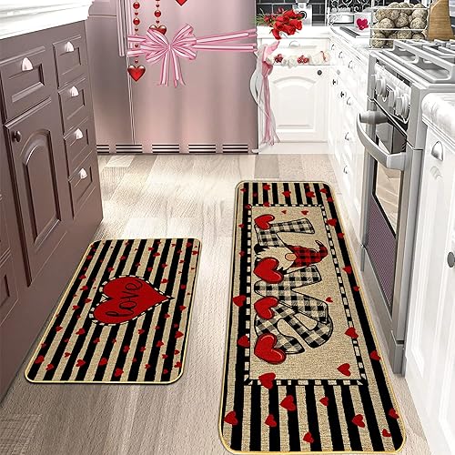 Juego de 2 alfombras de cocina para decoración del día de San Valentín diseño de graffiti de amor de perfil bajo románticas rayas blancas y negras