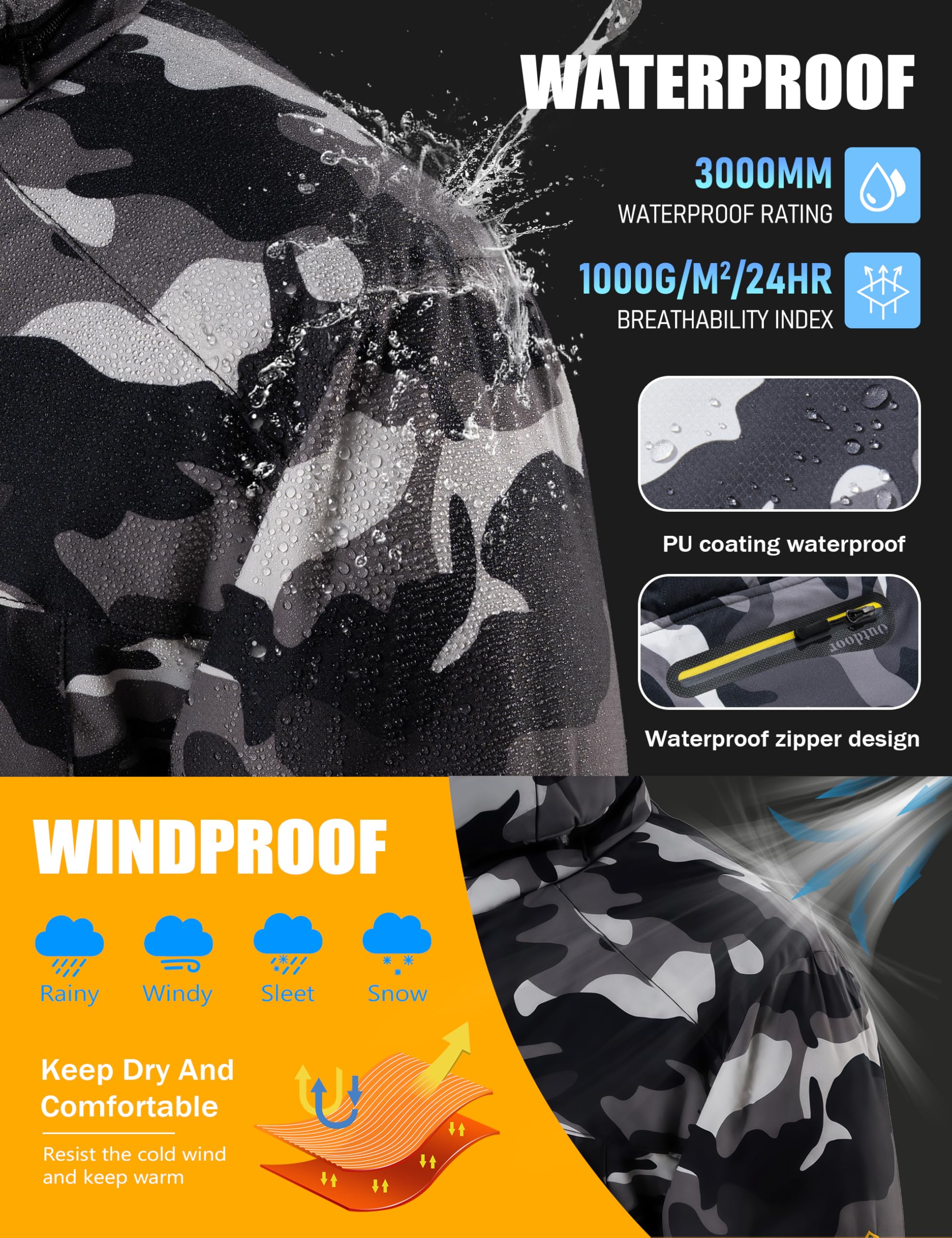 MAGCOMSEN Giacca da Sci Impermeabile da Uomo Antivento da Montagna Parka in Pile con Cappuccio