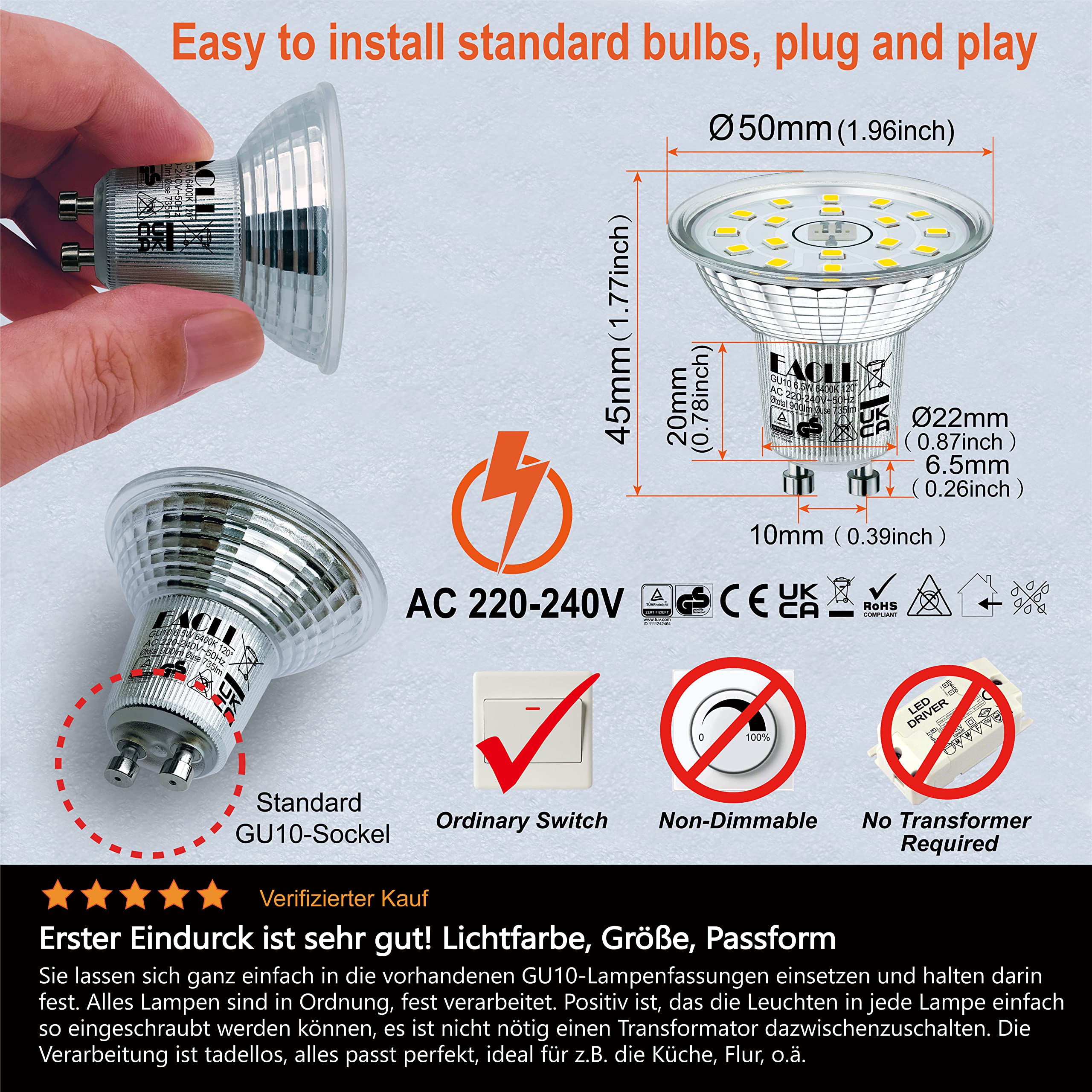 EACLL Żarówki LED GU10, zimna biel, 6,5 W, zastępuje żarówki halogenowe 100 W, 4 sztuki, 735 lumenów 6400 K, AC 230 V, bez migotania, kąt wiązki światła punktowego 120°, nieściemnialne krótsze lampy