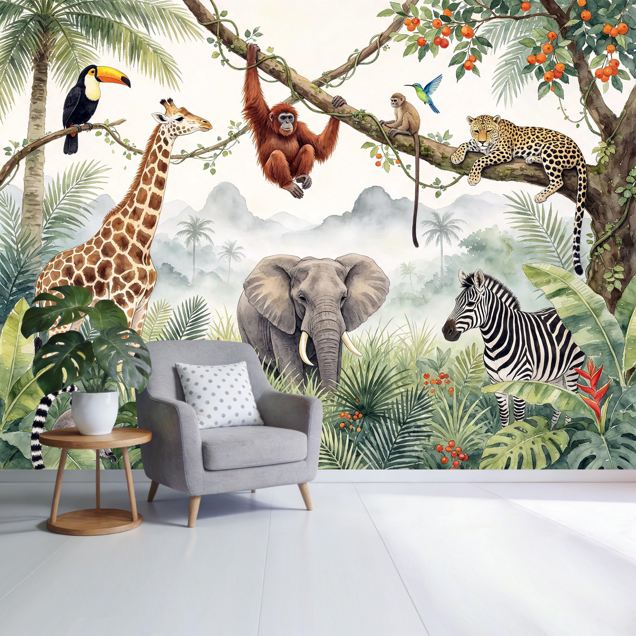Custom Size Wall Mural Tropical Rainforest Wildlife Watercolor Pattern Removable Self Adhesive Fabric Home Wall Decor for Living Room Bedroom Bathroom Background