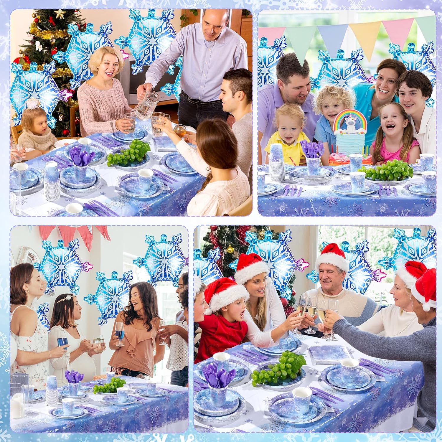 216 Pcs Snowflake Party Decoration Set Birthday Party Supplies Includes Paper Plate Napkin Cup Cutlery Plastic Disposable Tablecloth Glitter Snow Foil Balloon Winter Holiday Serve 30 - Image 6