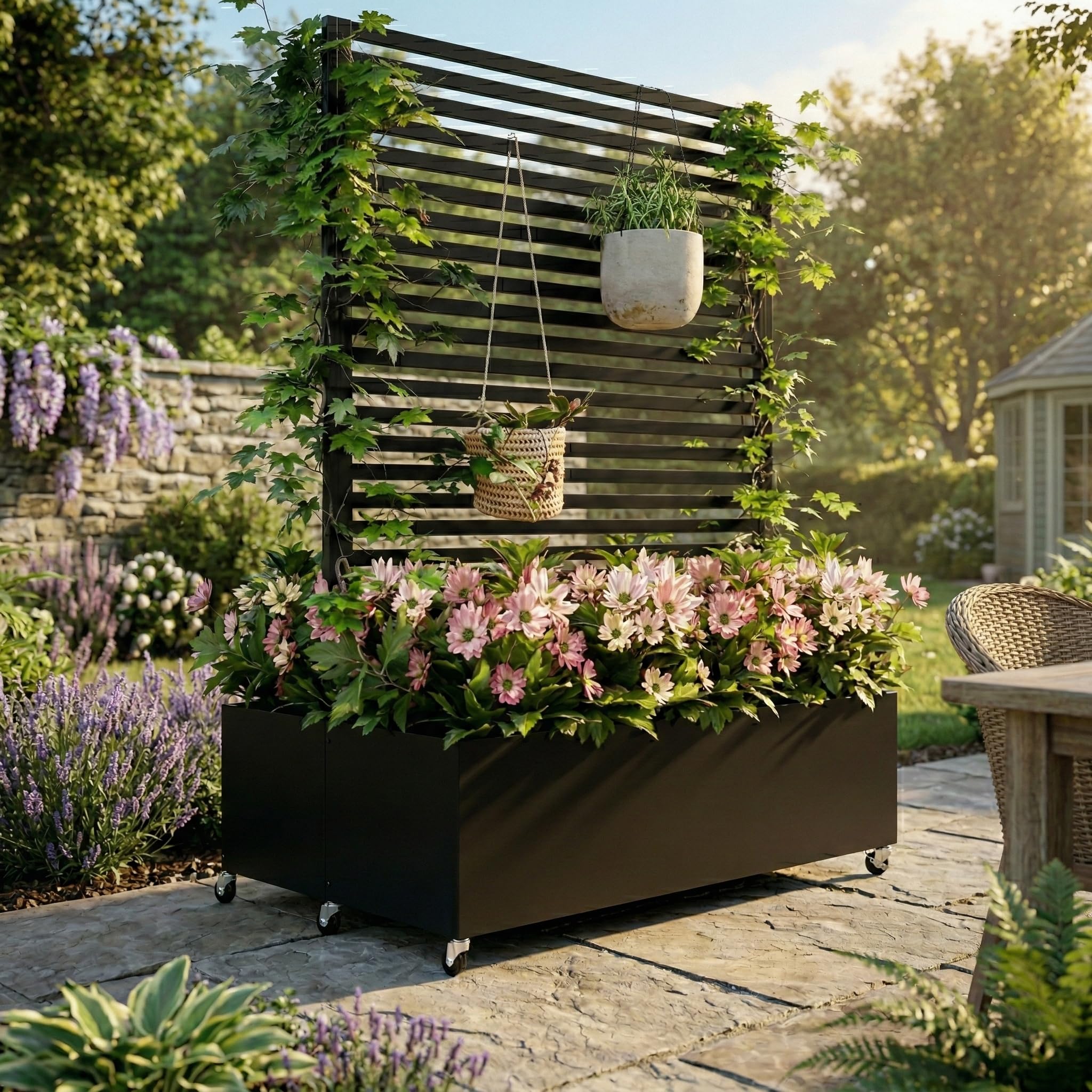 Hochbeet aus Metall mit Rad, Pflanzkasten aus Metall für den Außenbereich mit Spalier, freistehender Pflanzkasten mit Sichtschutz für den Außenbereich für Garten, Terrasse, Balkon