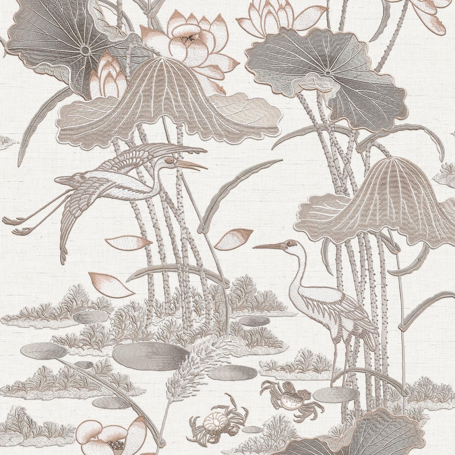 Yöl Grey Lotus Pond Wallpaper - Floral Crane Bird Lily Pads Crabs Silk Textured Paste The Wall Modern Non-Woven Vinyl
