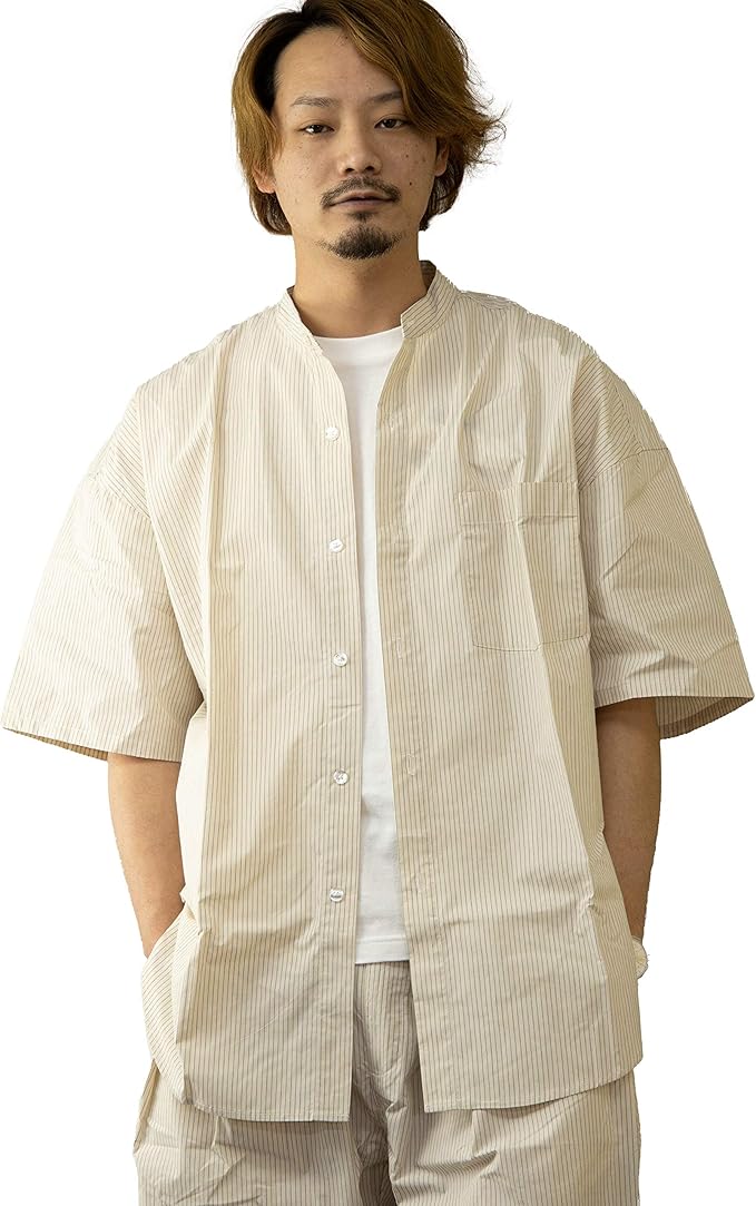 Amazon ナイラス Nylaus ノーカラーシャツ メンズ 半袖 セットアップ対応 ビッグシルエット オーバーサイズ ストライプ柄 ニュアンスカラー バンドカラーシャツ 半袖シャツ ビッグシャツ オーバーシャツ カジュアルシャツ キレイ目 お洒落 シャツ 通販