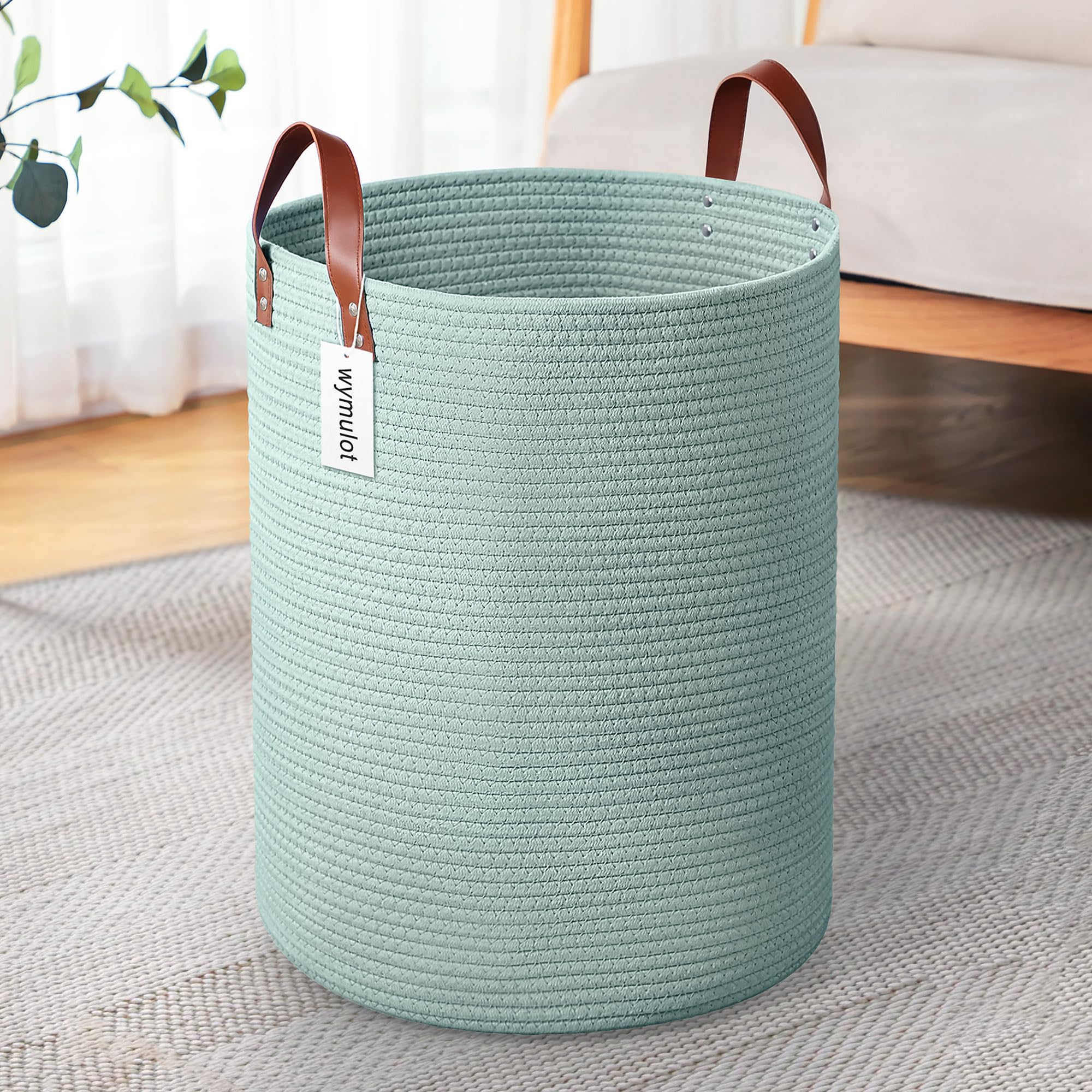 Grande cesto portaoggetti in corda intrecciata da 80 l, con manici in pelle, per giocattoli per cani, camera da letto, cameretta dei bambini, cesto portabiancheria alto 40,6 x 50,8 cm (verde)