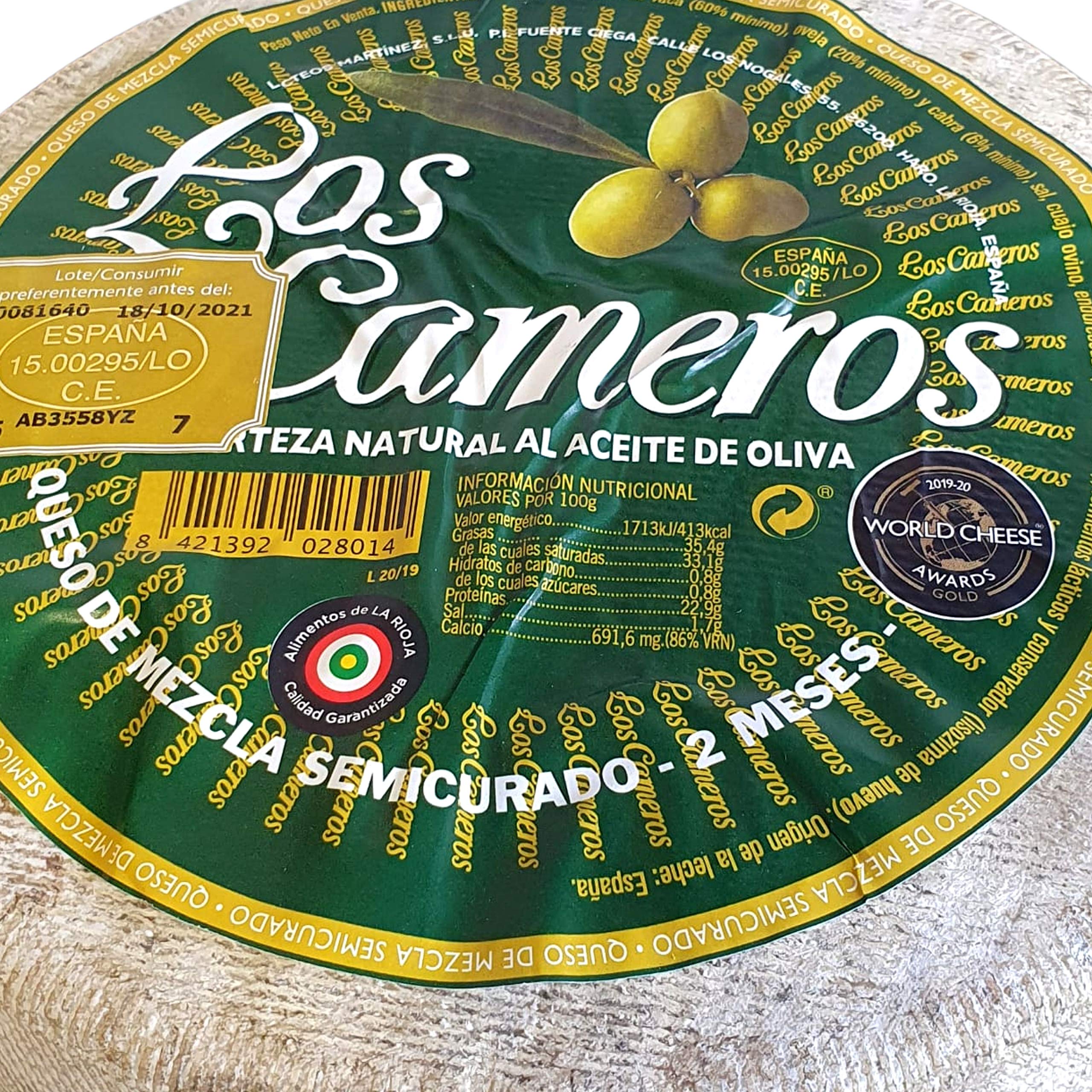 Queso Semicurado Los Cameros Etiqueta Verde - Queso Mezcla - Medio Queso Peso Aproximado 1,7 Kilogramos - Elaborado con una mezcla de leche de vaca, de oveja y de cabra