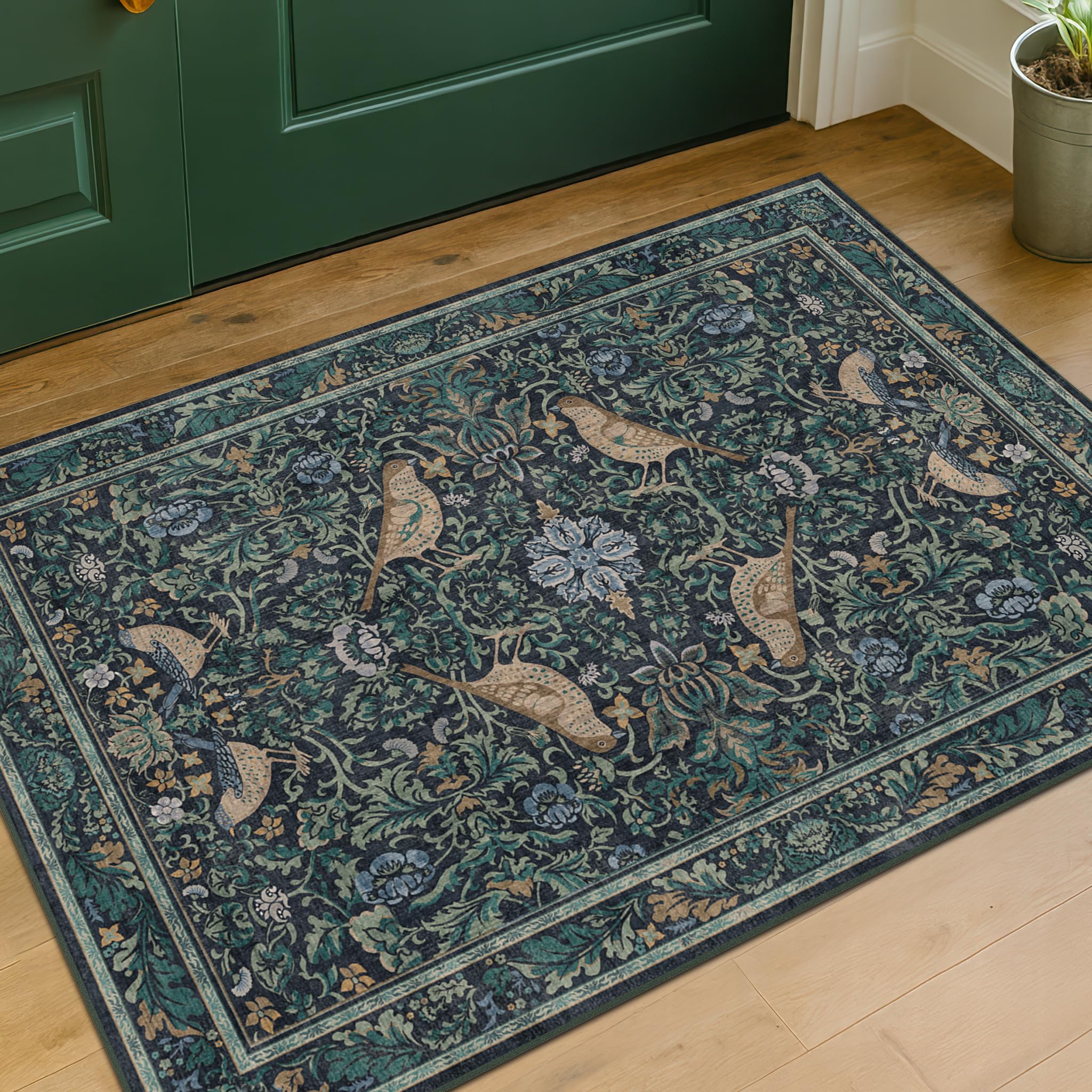 Washable Floral Small 2x3 Dark Blue Entryway Rugs Indoor Botanical Bird Kitchen Floor Mats Non-Slip Soft Boho Carpet