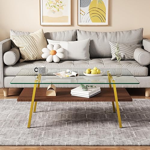 Miniatura 50 de Mesa de centro de cristal para sala de estar, mesa de centro de 2 niveles de mediados de siglo, mesa central con parte superior de vidrio templado