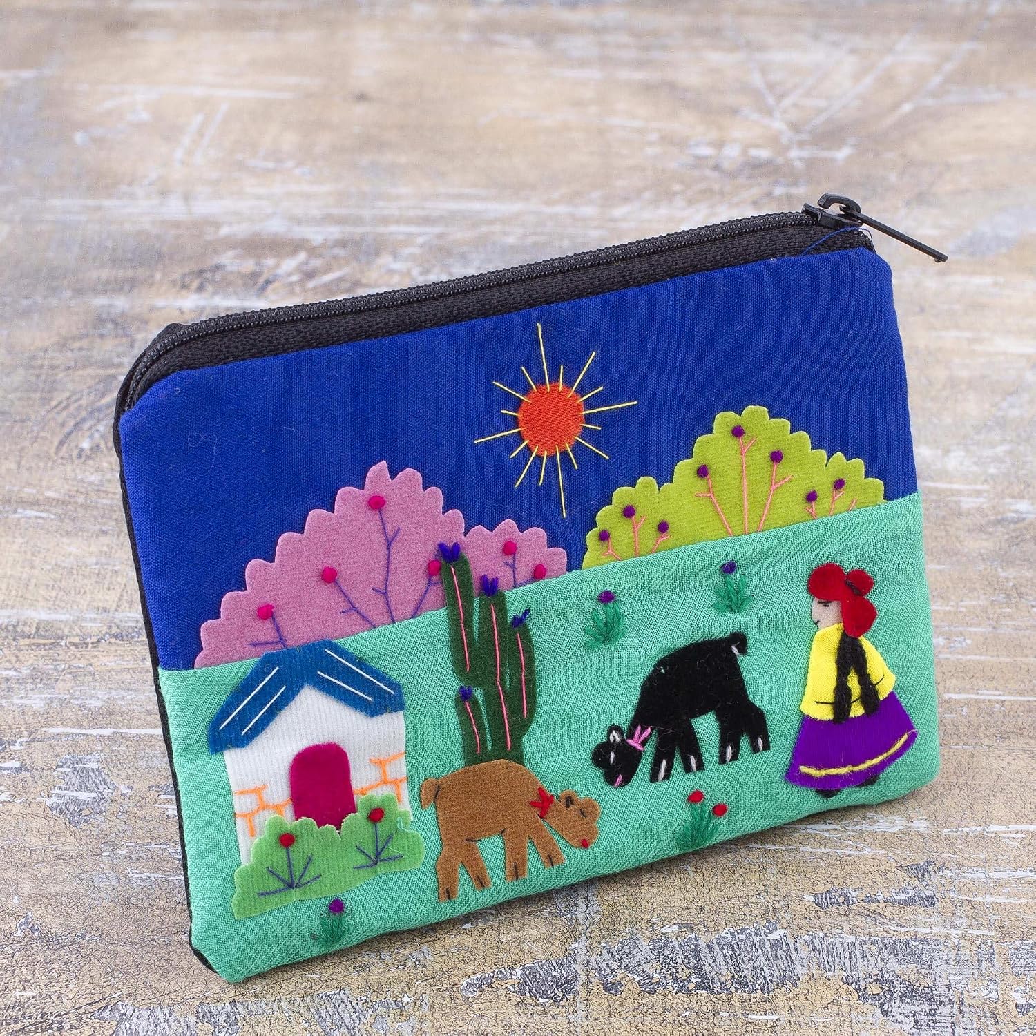 NOVICA Artisan Handmade Cotton Blend Coin Purse Applique Multicolor from Peru Handbags Purses Patchwork Cultural ' Andean Sunshine'