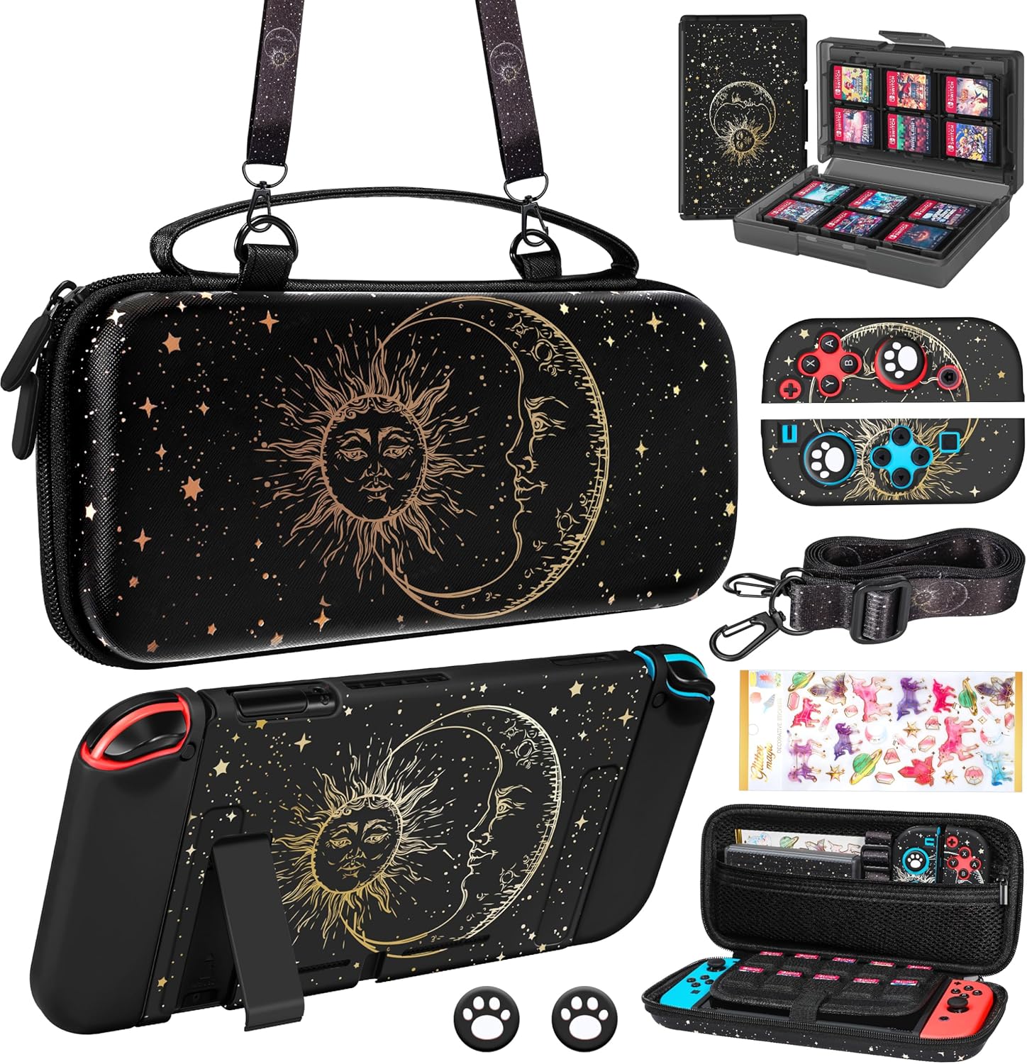 9in1 Skull Skeleton Switch Case for Nintendo Switch Carrying Cases & Storage Accessories Bundle Kit Thumb Grips+Game Holder+Dockable Skin+Shoulder Strap+Sticker for Switch Travel Pouch Bag