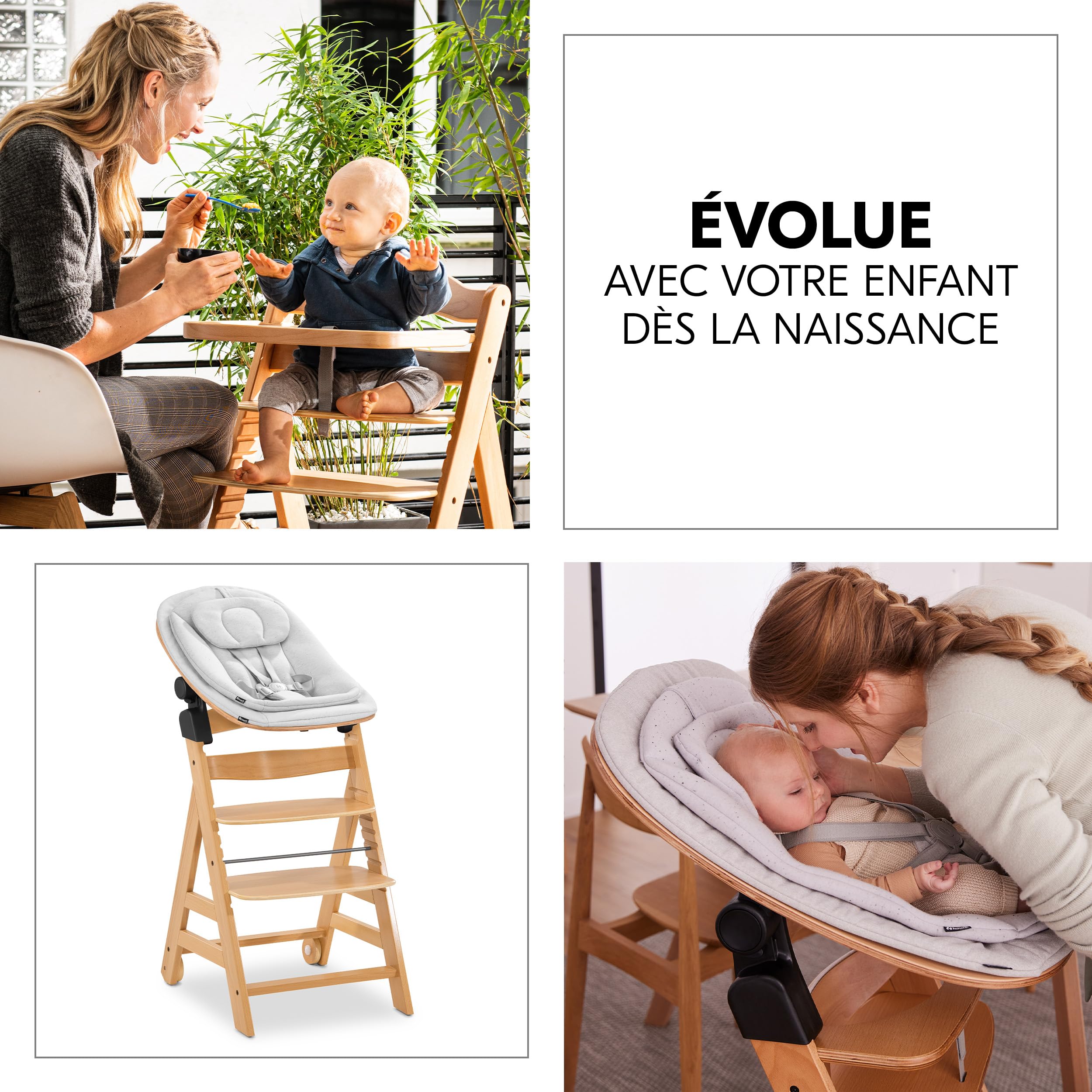 hauck Chaise Haute Bébé Alpha Move avec Siège Nouveau-né Eco - Natural | Chaise haute évolutive en bois, de la naissance à 90 kg, inclus assise bébé, coussin, tablette repas, roulettes