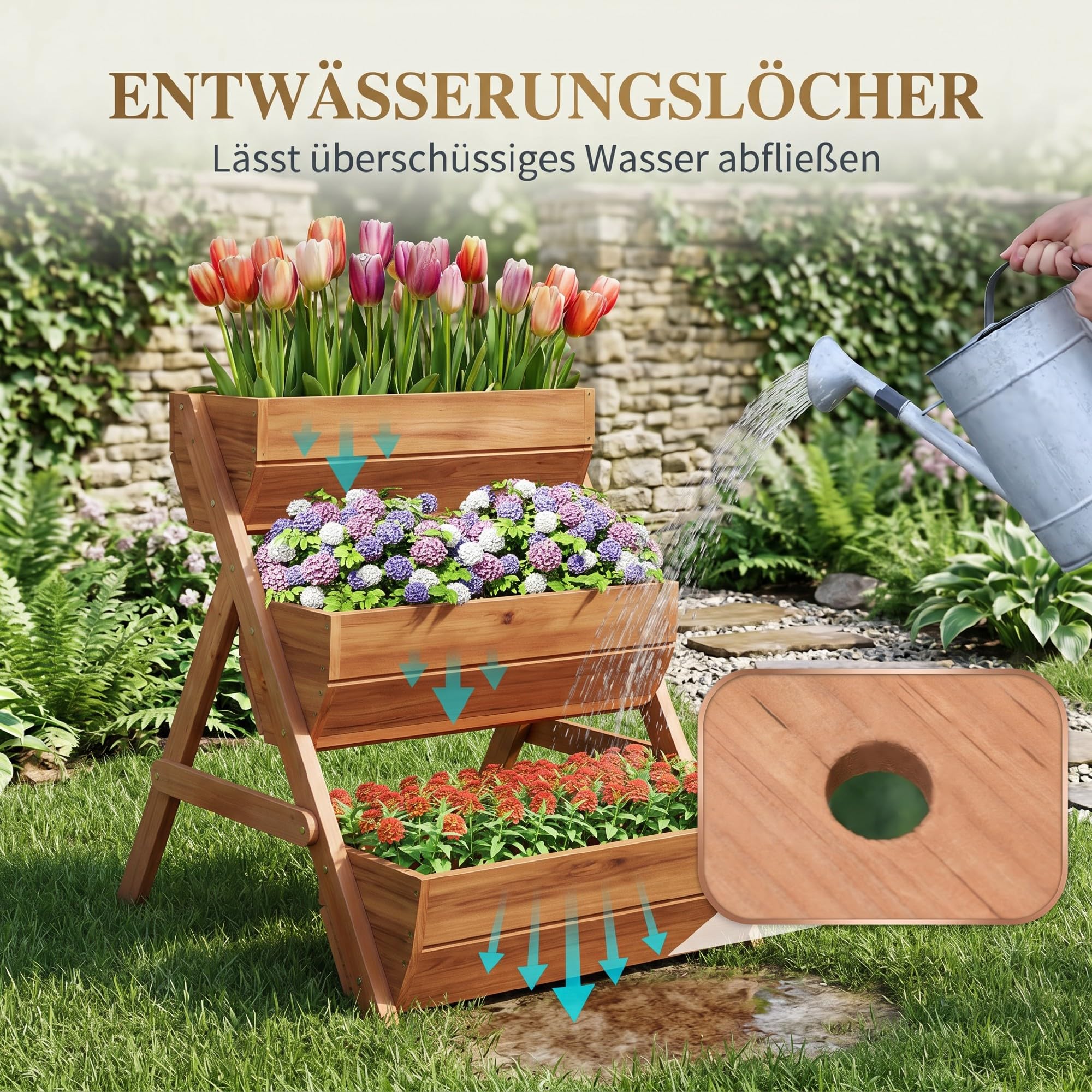 Outsunny Vertikales Hochbeet mit 3 Etagen aus Holz 65 x 75 x 76 cm Braun | Vertikalbeet, Blumenkasten, 3 Pflanzkästen, Ablauflöcher, Blumenbeet, Kräuterbeet, Blumentreppe, Terrasse Balkon Garten