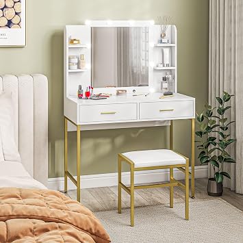 HOMCOM Dressing Table with Lighted Mirror, Cushioned Stool, Drawers, White