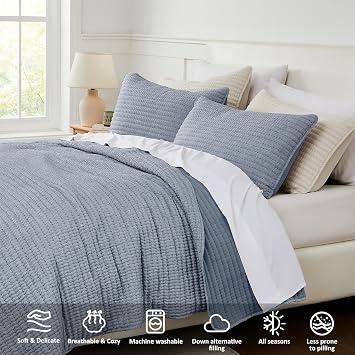 WDCOZY Chambray Pick Stitch Queen Size Quilt Set, Denim Blue Striped Lightweight Soft Summer Spring Bedspread, Bamboo Linen Like Textured Coverlet, Farmhouse Country Rustic Bedding, Thin Comforter