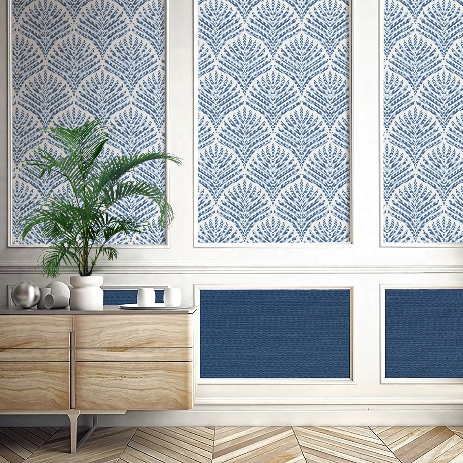 Cohoo Home Leaf Wallpaper Peel and Stick Wallpaper Boho Contact Paper for Cabinet Modern Wallpaper Self-Adhesive Wallpaper Blue White Leaves Geometric Wallpaper Bathroom Bedroom Waterproof 17.3“×393”