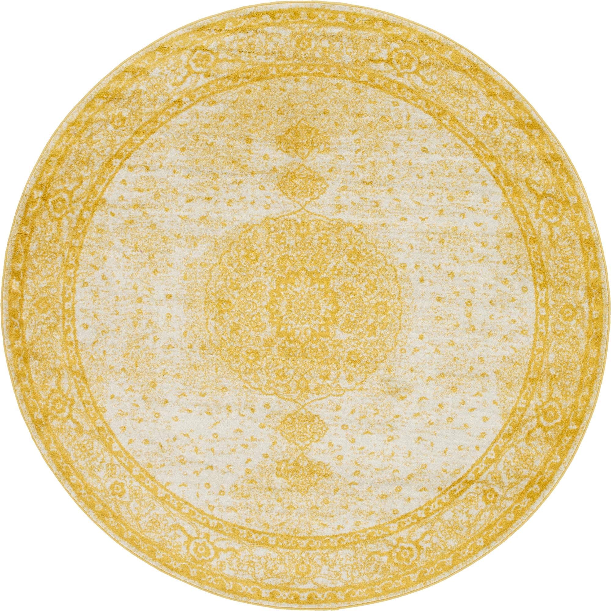 Rugs.com Dover Collection Rug – 8 Ft Round Yellow Low-Pile Rug Perfect for Kitchens, Dining Rooms