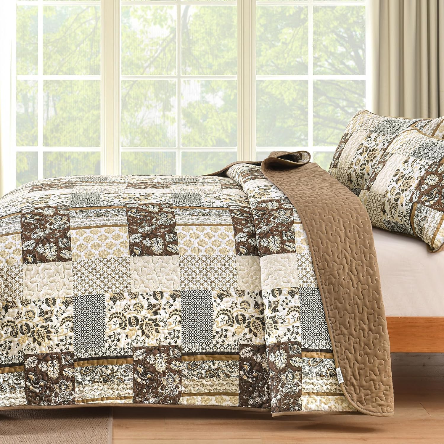 WONGS BEDDING Brown Quilt Set King Size，Brown Patchwork Plaid Printed Bedspread Coverlet Set，3 Pieces Soft Microfiber Boho Bedding Set (104"×90") - Image 4