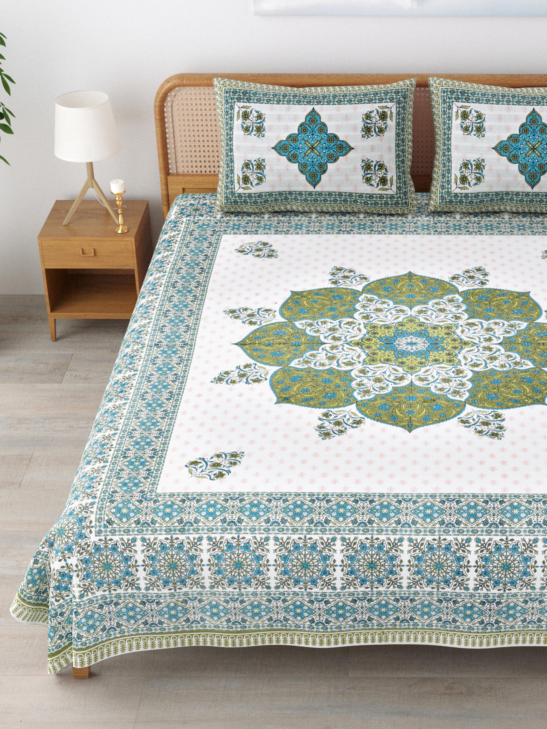 MAFATLAL 144 TC Pure Cotton Hand Printed Jaipuri King Size bedsheet (Drab Green) (B0D8Y5NQJD) Amazon Price History, Amazon Price Tracker