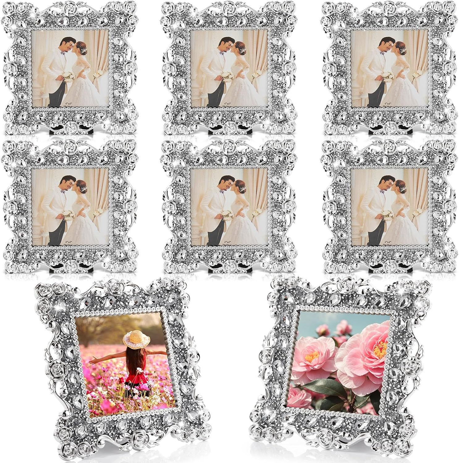 Yookeer 12 Pack 4 x 4 Inch Crystal Picture Frame Wedding Photo Frame Jewel Picture with Rhinestones Photo Gift for Wedding Table Top Desktop Display