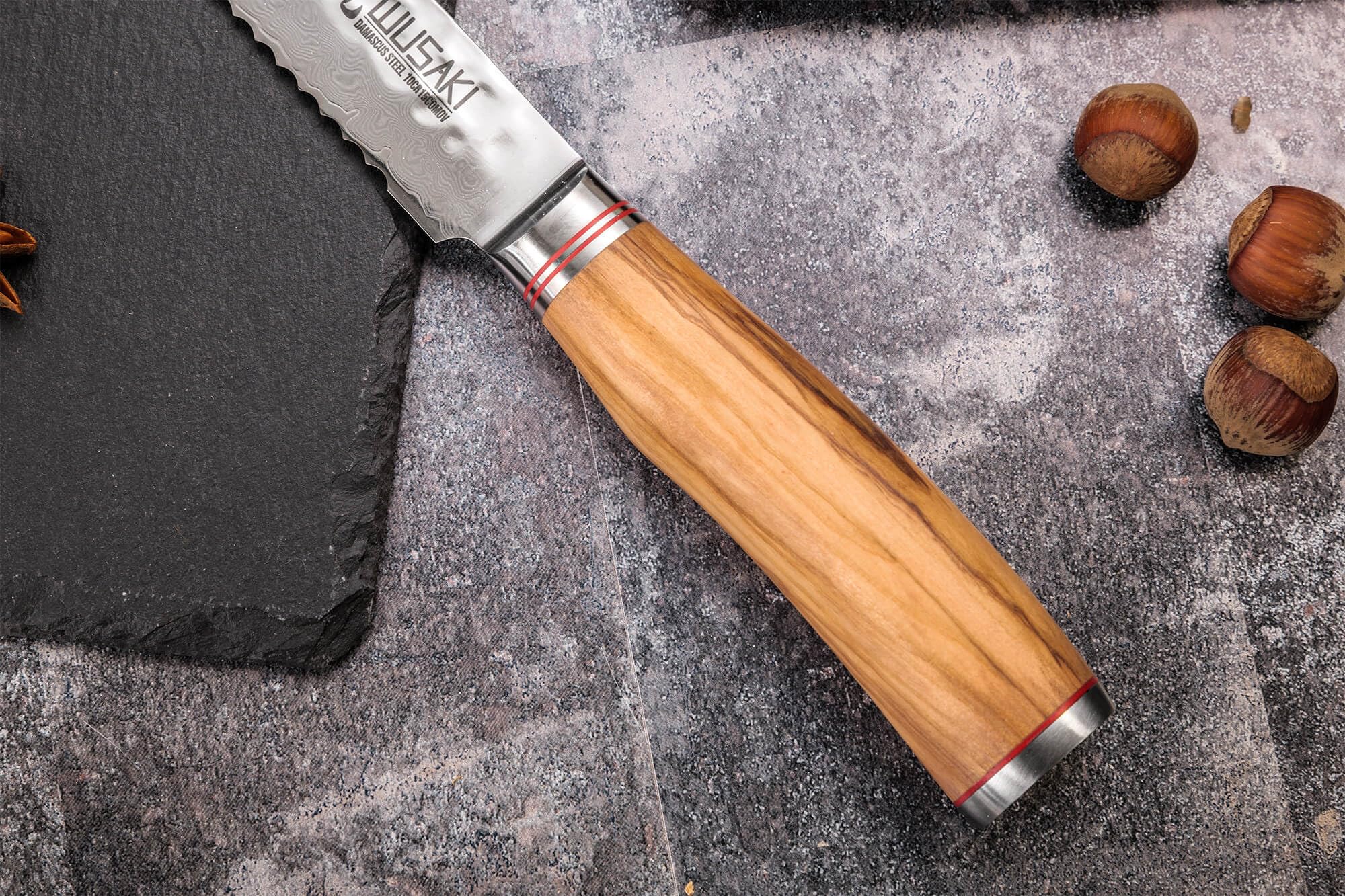 Wusaki - Japoński designerski nóż do chleba ostrze damasceńskie 20 cm ze stali 10Cr uchwyt z drewna oliwkowego - sprzedawany w pudełku prezentowym