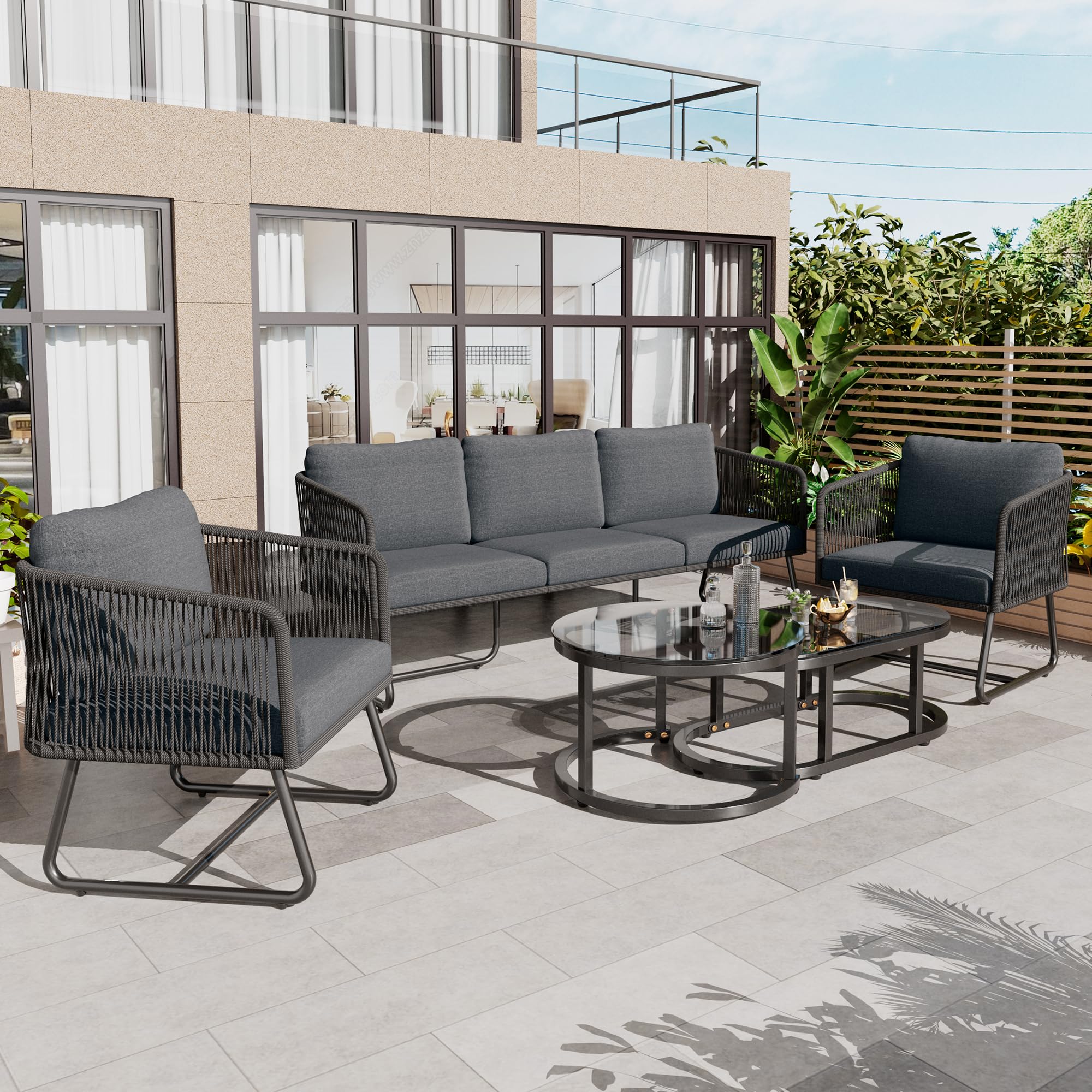 Salon de Jardin Exterieur 5 Personnes, canapé 5 Places avec Table gigogne en Verre, Coussins, tressée Salon de Jardin Aluminium, canapé d'extérieur pour terrasse, pelouse, Balcon,Gris