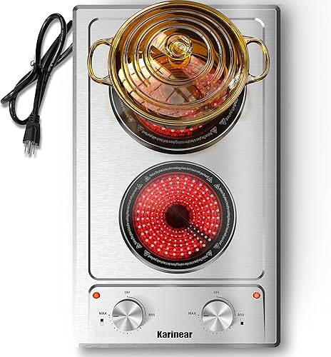 Karinear Placa de cocina eléctrica de 110 V, acero inoxidable de 12 pulgadas integrada y encimera de estufa eléctrica 2 quemadores con control de