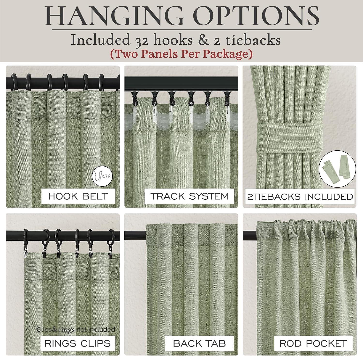 Sage Green Boho Curtains 90 Inches Long for Living Room Bedroom Office, Light Filtering Privacy Sheer Window Treatments Curtain 2 Panels Set Pleated Linen Drapes with Back Tab Light Green (52"Wx90"L) image 5