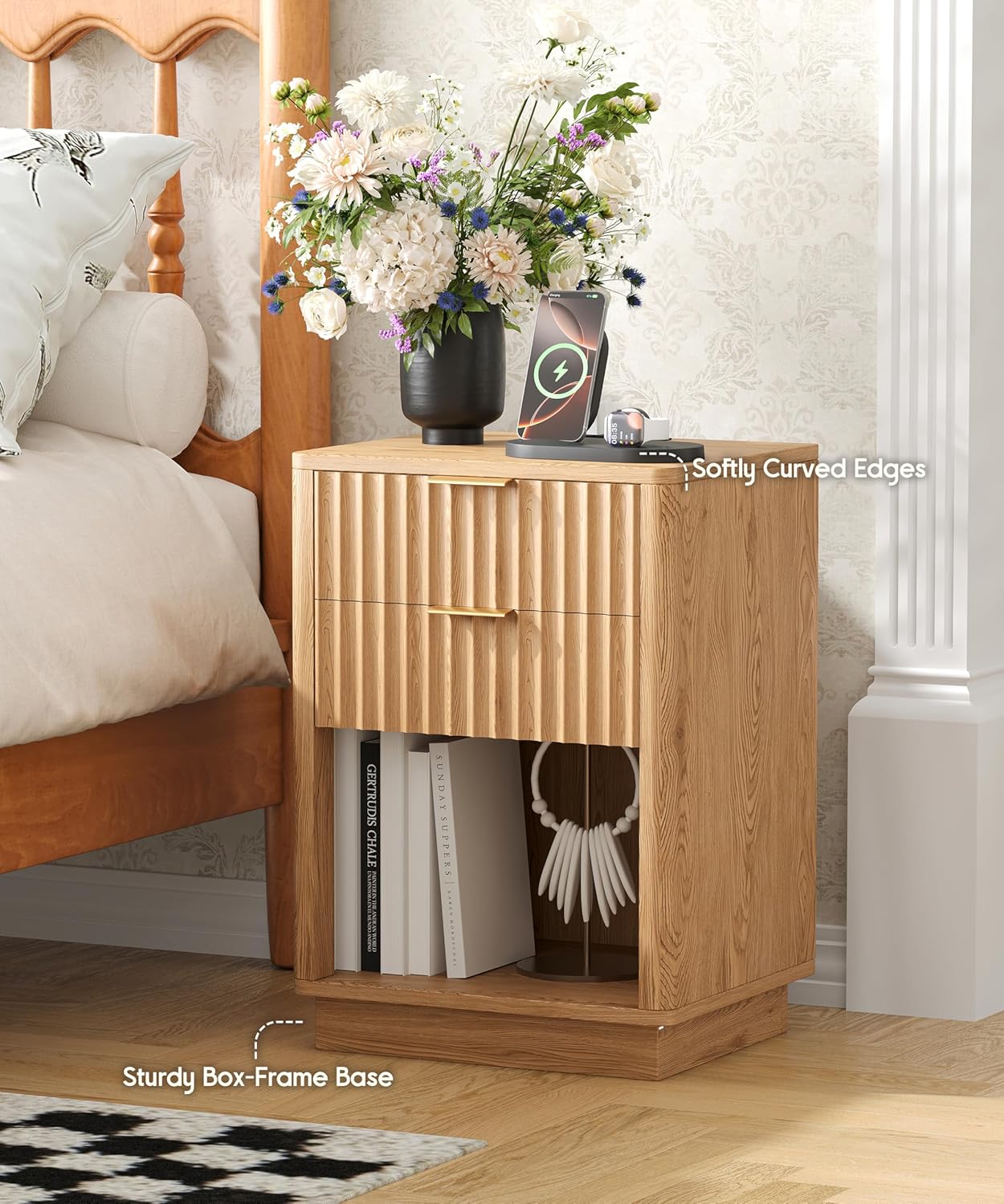 Fluted Nightstand with Charging Station, 15.7" Wide 2 Storage Drawers End Table with LED Light, Curved Profile, Wooden Bedside Table for Bedroom, Natural Oak