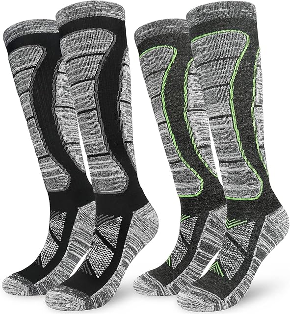 KOOOGEAR Womens Merino Wool Ski Socks Knee High Thermal Socks Ladies 4-7 Winter Thick Warm Sports Walking Socks Black Grey Anti Blister Cushioned Wool Socks for Snowboarding Skiing Cycling Hiking