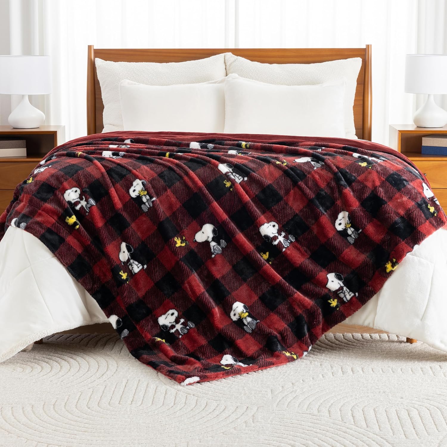 Berkshire Peanuts® Ultra Plush Thick Faux Rabbit Fur Snoopy Blanket, Twin Size Cozy Grace Fur Collection Blanket for Bed, Couch & Sofa(60”×90”,Classic Snoopy Buffalo Plaid Large Red Black) - Image 4