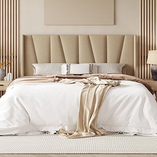 Allewie King Size Platform Bed Frame with Geometric Wingback Headboard, Boho Upholstered Bed with Wooden Slats Support, No Box Spring Needed, Easy Assembly, Beige