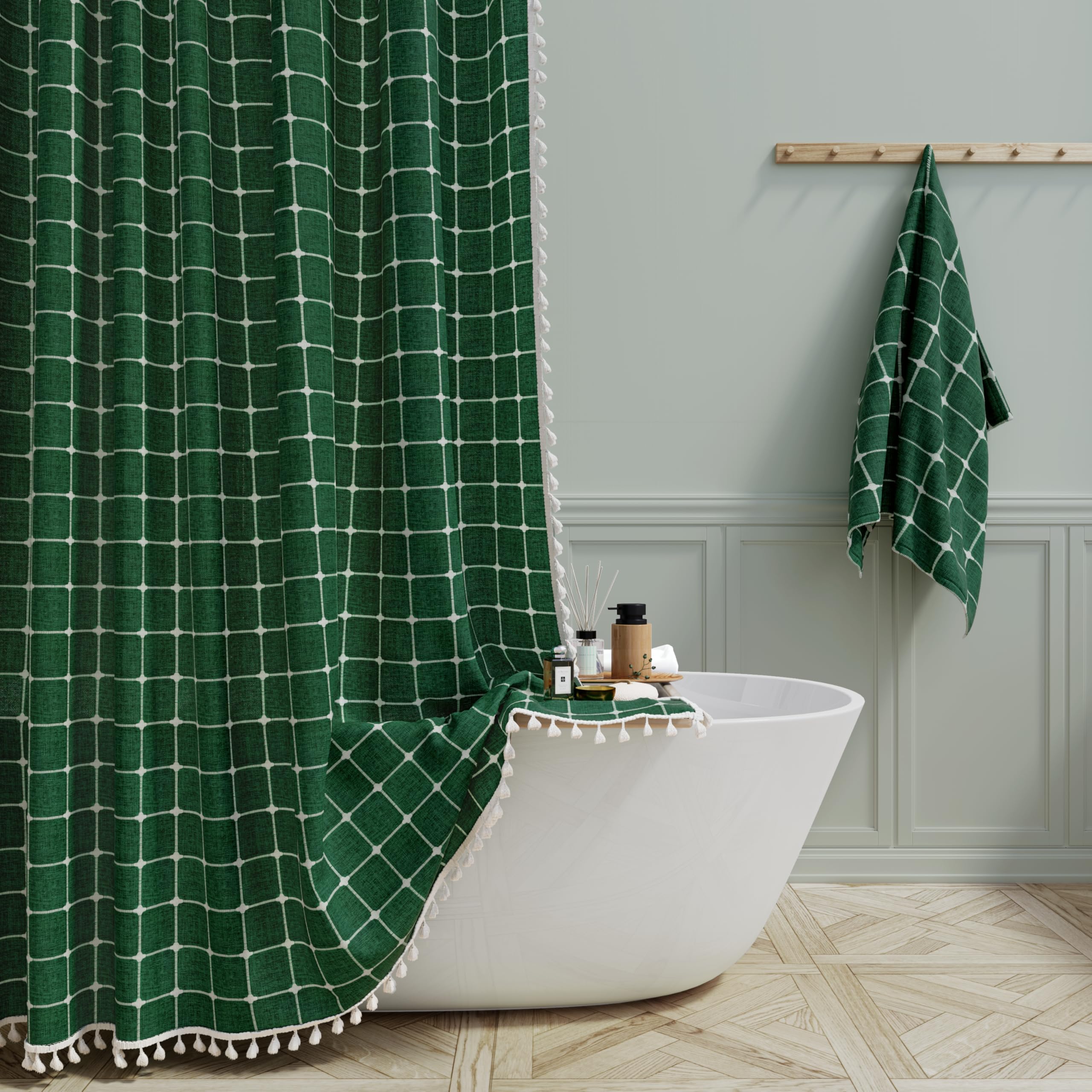 BTTN Extra Long Shower Curtain - 72x84 Inch Long Boho Chic Tassel Linen Fabric Shower Curtain Set with Hook, Tall Modern Farmhouse Elegant Heavy Duty