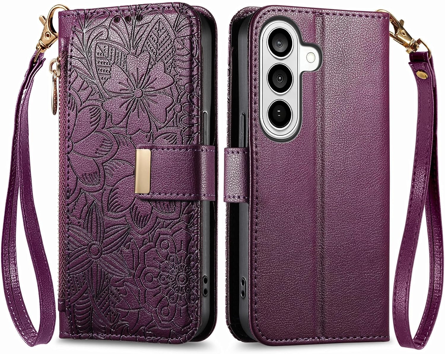 for Samsung Galaxy S26 Plus Wallet Case,PU Leather Flip Cover with Card Slots Kickstand Zipper Coin Pocket,Floral Embossed PU Leather Protective Cover Purse for Women Girls 6.7 Inch Deep Purple