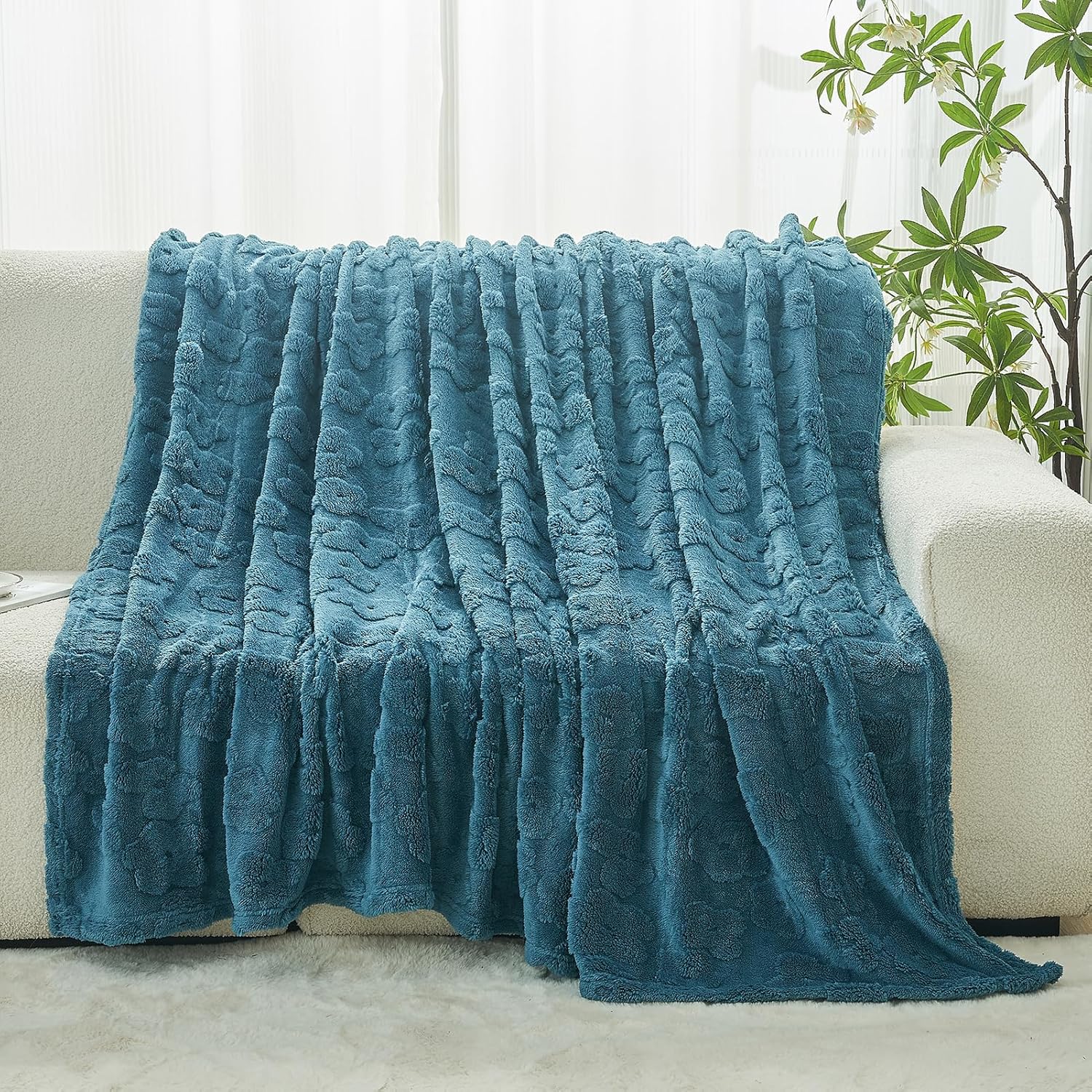 FY FIBER HOUSE Flower Throw Blanket Ultra Soft Blanket Fuzzy Blanket for Bed Couch Sofa, 50"x60", Storm Blue - Image 3