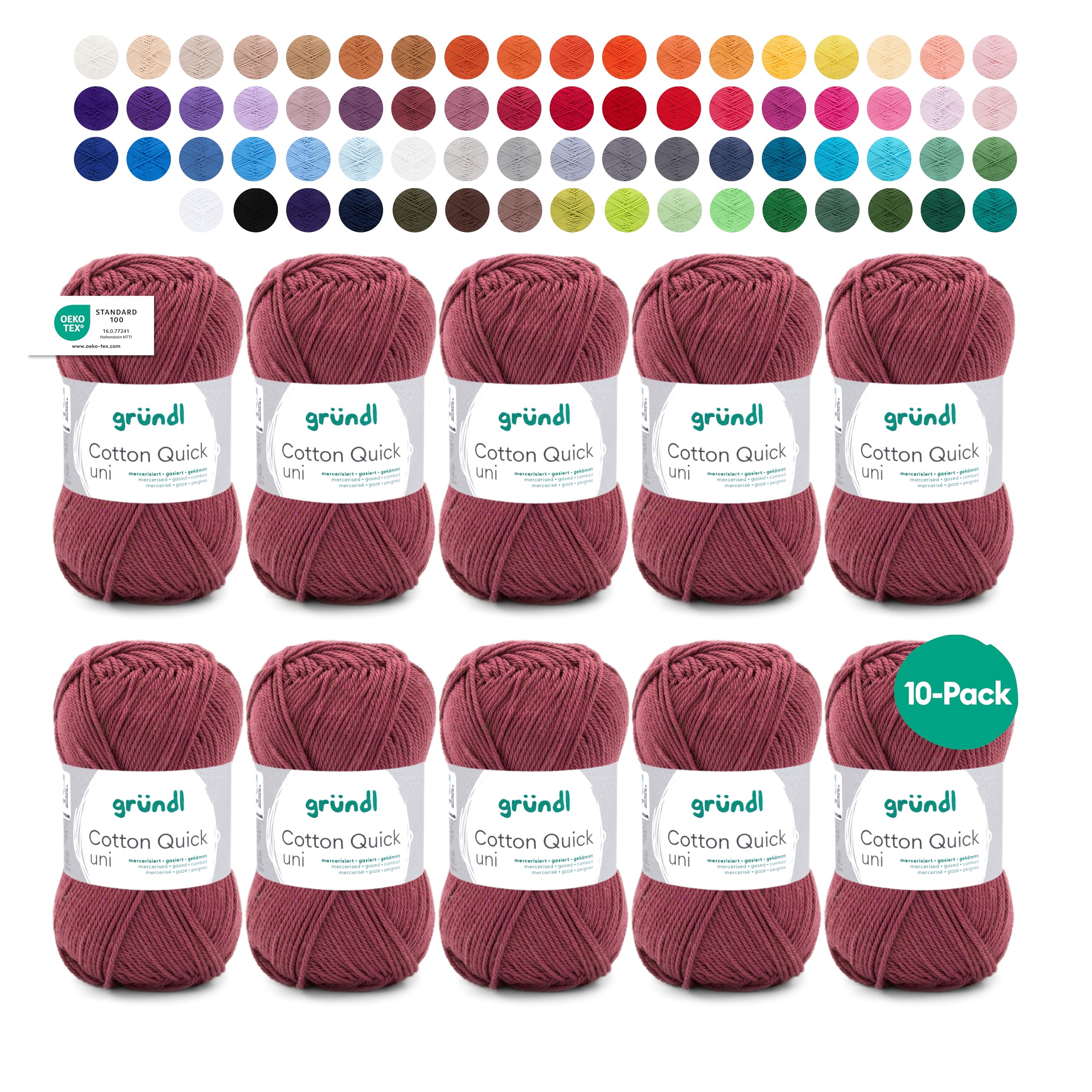 Gründl Wolle Cotton Quick uni - dünne Wolle zum Häkeln - Strickgarn - Häkelgarn - Glänzend und hautfreundlich - 100% Baumwolle - 10 Knäuel 50 g / 125 m - Nadelstärke 3-4 - bordeaux