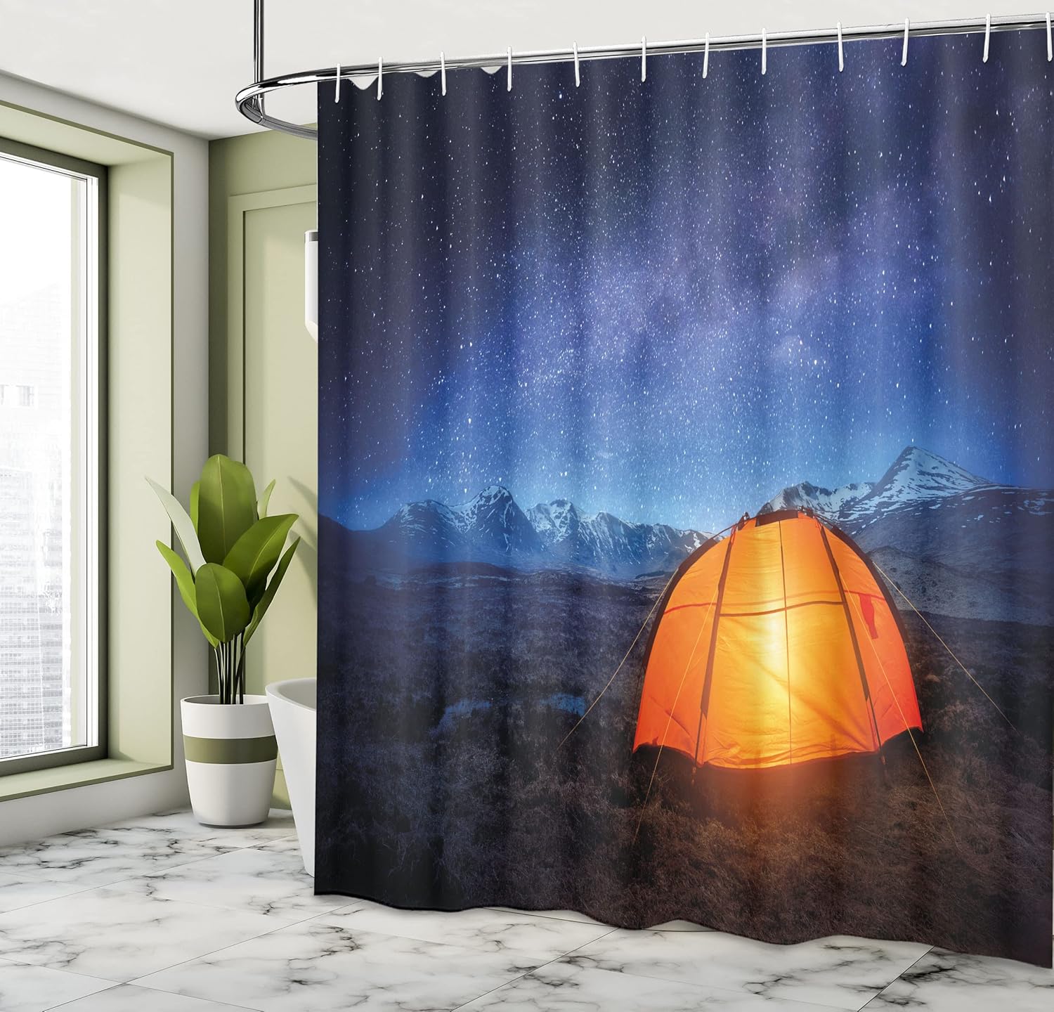 Ambesonne Night Shower Curtain, Camping Tent Under a Night Sky Full of Stars Holiday Adventure Exploring Outdoors, Cloth Fabric Bathroom Decor Set with Hooks, 69" W x 70" L, Blue Orange