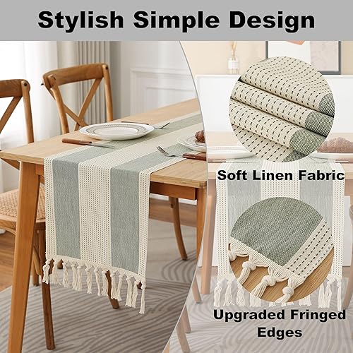 Miniatura 3 de Gernaice Camino de mesa de arpillera con borlas de 60 pulgadas de largo, estilo bohemio, a rayas anchas, camino de mesa de lino, accesorios de mesa