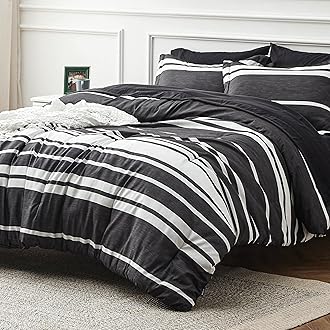 Bedsure Queen Comforter Set 7 Pieces, Black Striped Bedding Set for All Seasons, Reversible, Cationic Dyeing Bed in a Bag with Comforter, Sheets, Pillowcases & Shams