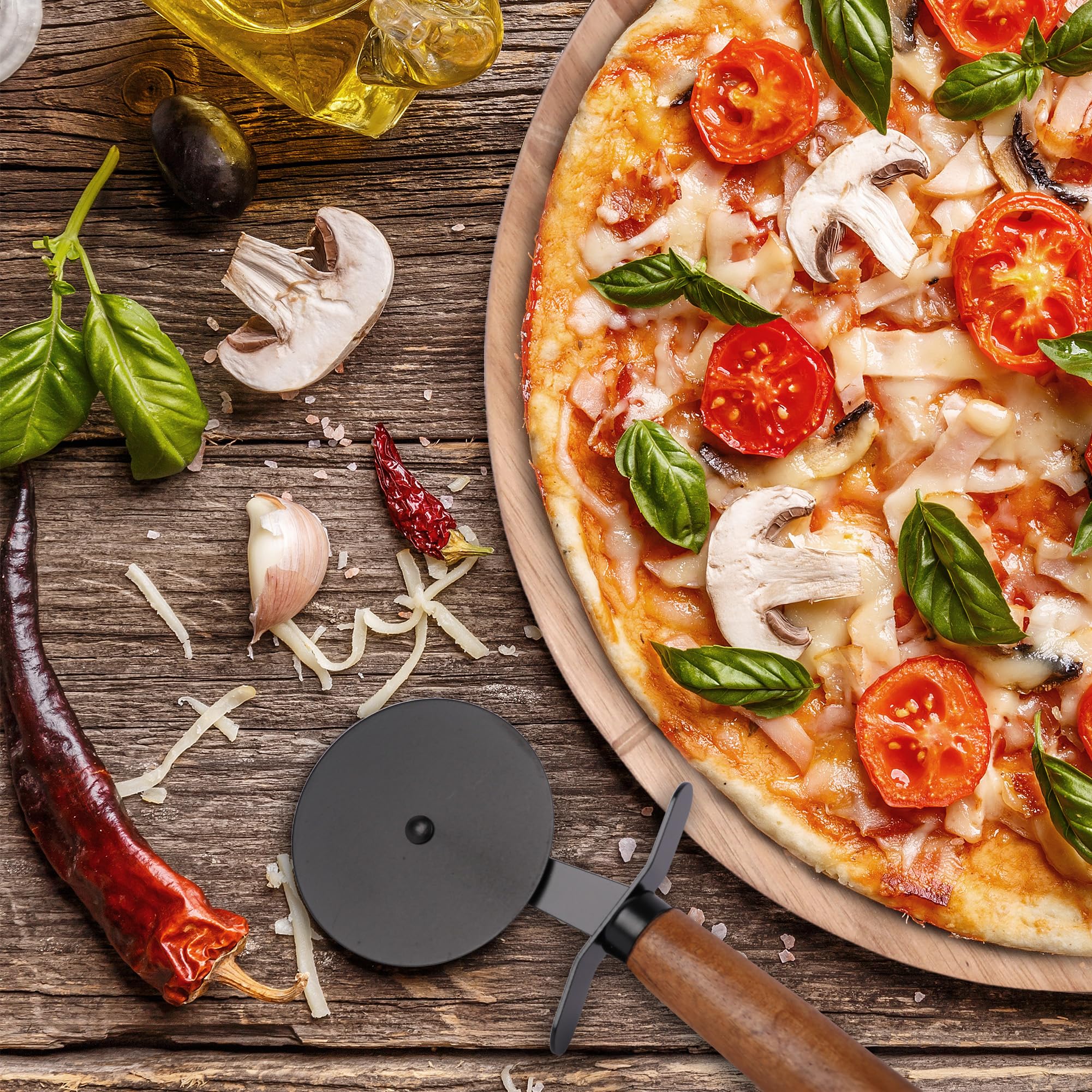 Pizza Set – Schneidebrett aus Holz (Akazienholz) mit Griff und Führungsrillen + Pizzaroller – 30 cm Durchmesser - Pizzateller groß, Servierplatte & Holz Schneidebrett in Einem